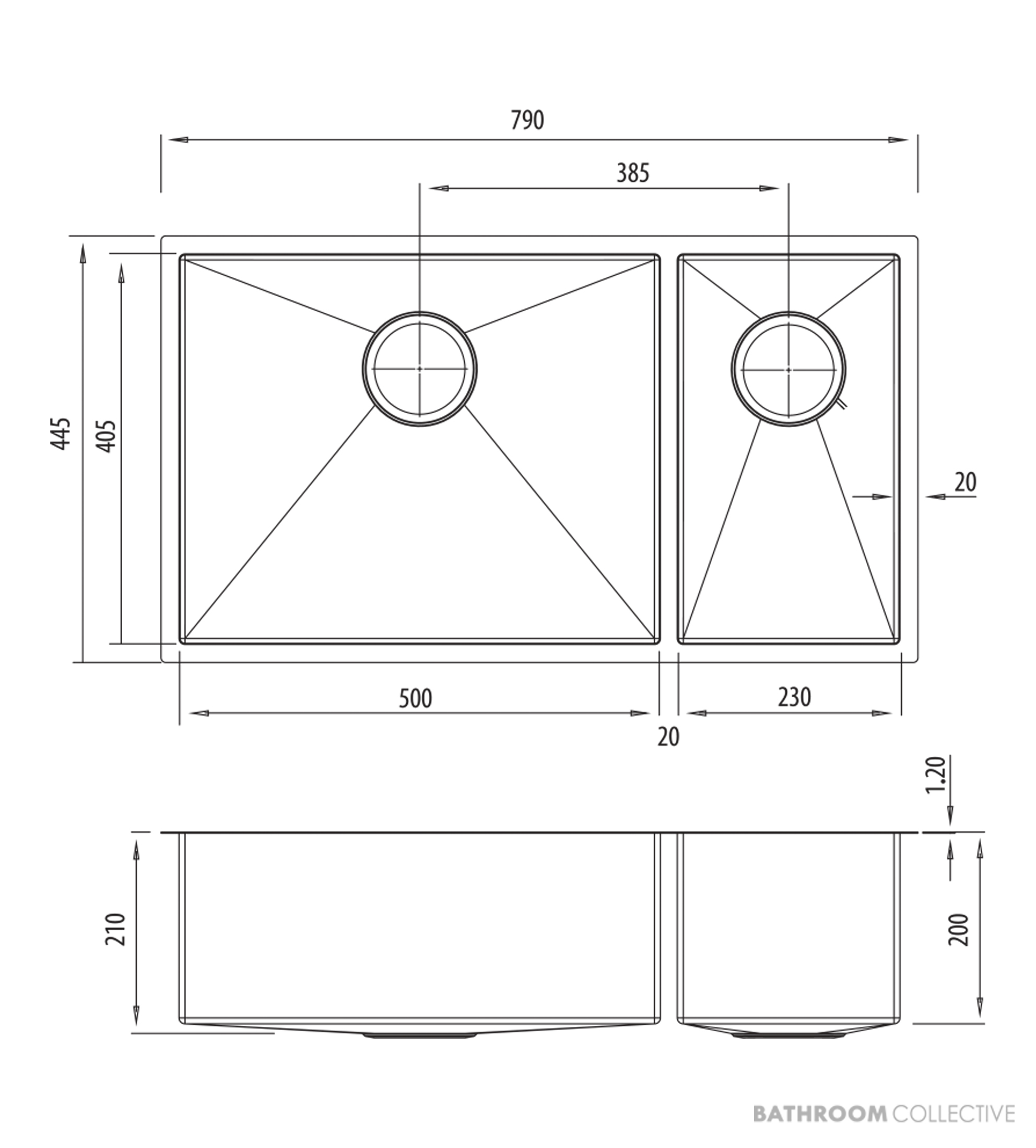 Oliveri Spectra Top, Flush & Under Mount 1 & 1/2 Double Bowl Sink 790mm, Gold SB35AU