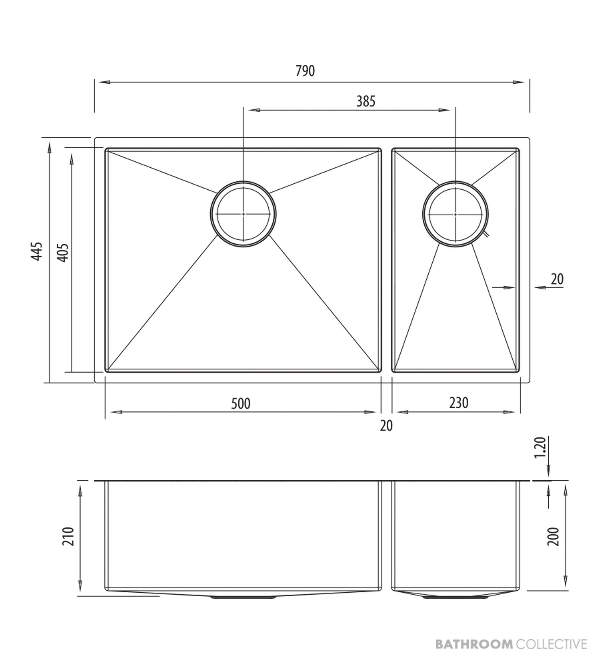 Oliveri Spectra Top, Flush & Under Mount 1 & 1/2 Double Bowl Sink 790mm, Black SB35BK