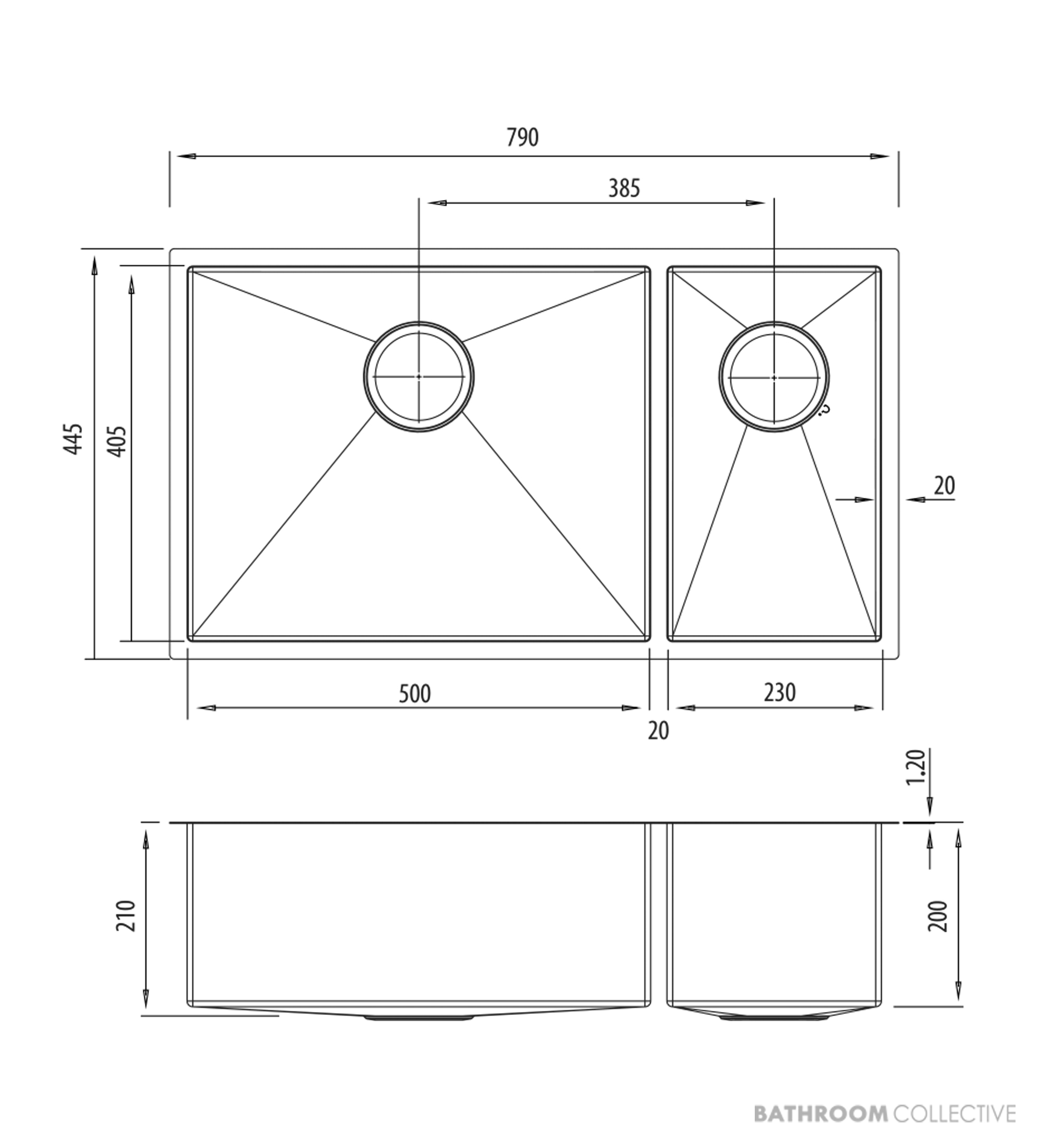 Oliveri Spectra Top, Flush & Under Mount 1 & 1/2 Double Bowl Sink 790mm, Copper SB35CU