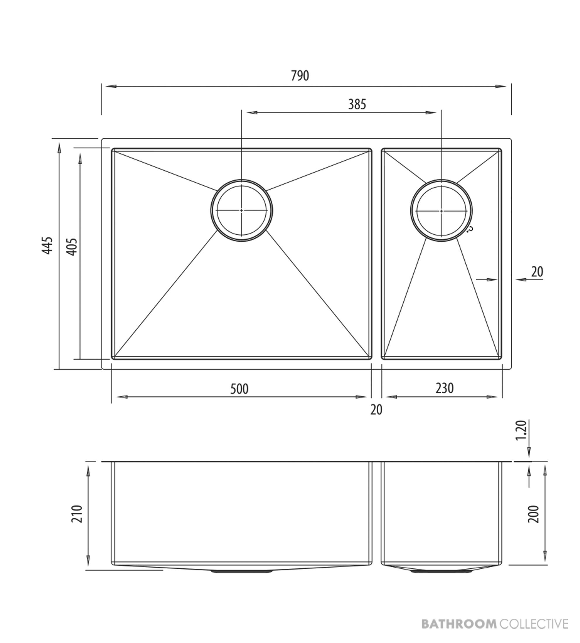 Oliveri Spectra Top, Flush & Under Mount 1 & 1/2 Double Bowl Sink 790mm, Gunmetal SB35GM