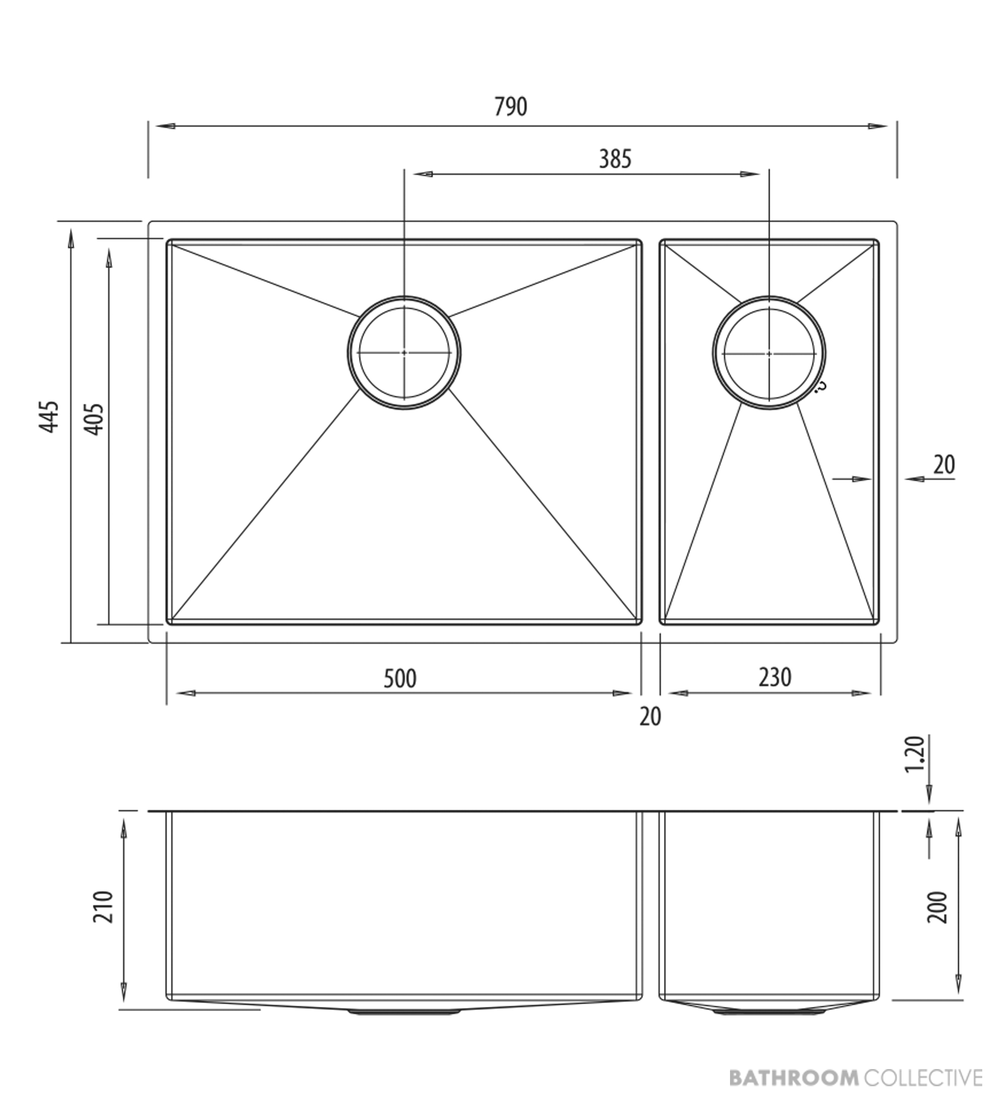 Oliveri Spectra Top, Flush & Under Mount 1 & 1/2 Double Bowl Sink 790mm, Stainless SB35SS