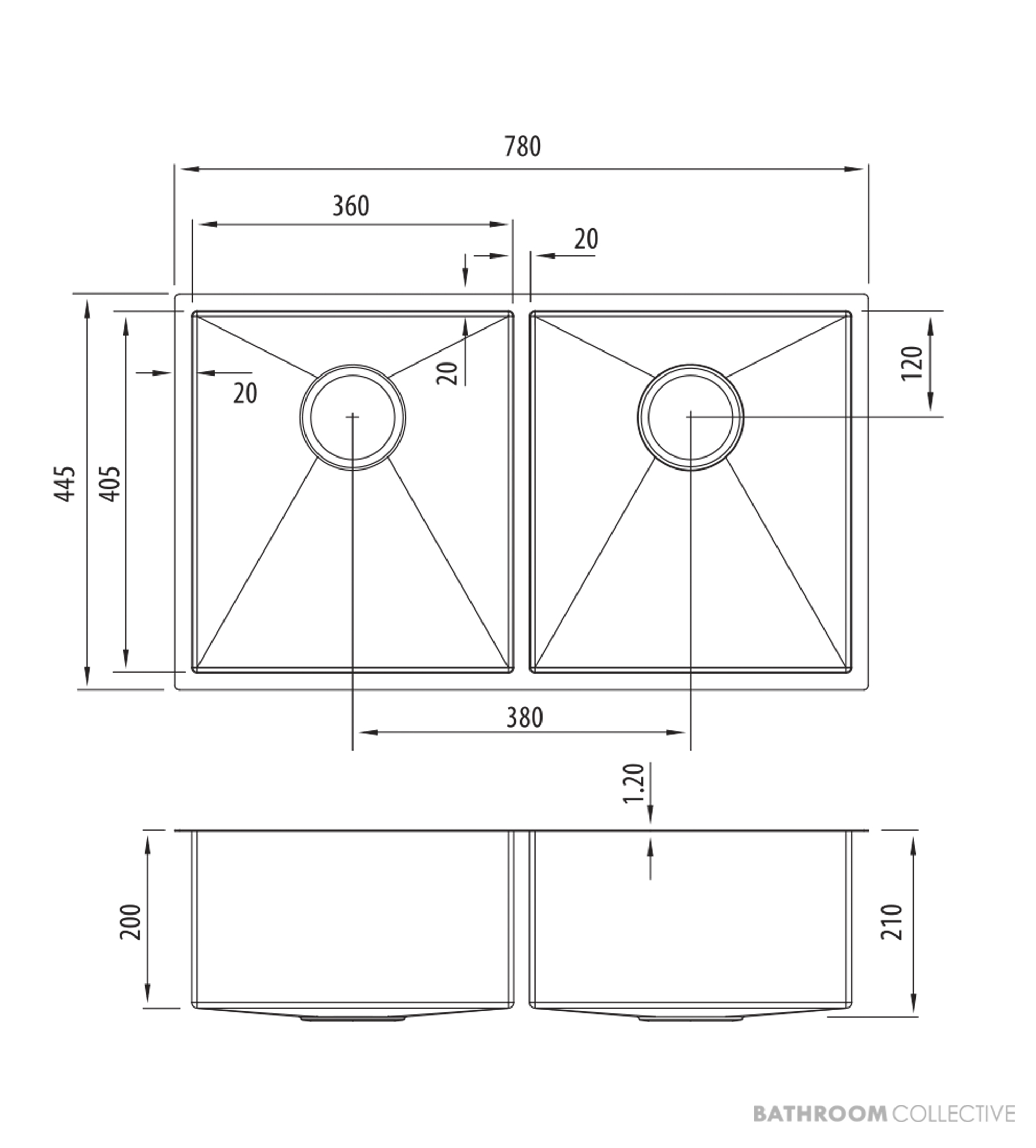 Oliveri Spectra Top, Flush & Under Mount Double Bowl Sink 780mm, Gold SB63AU