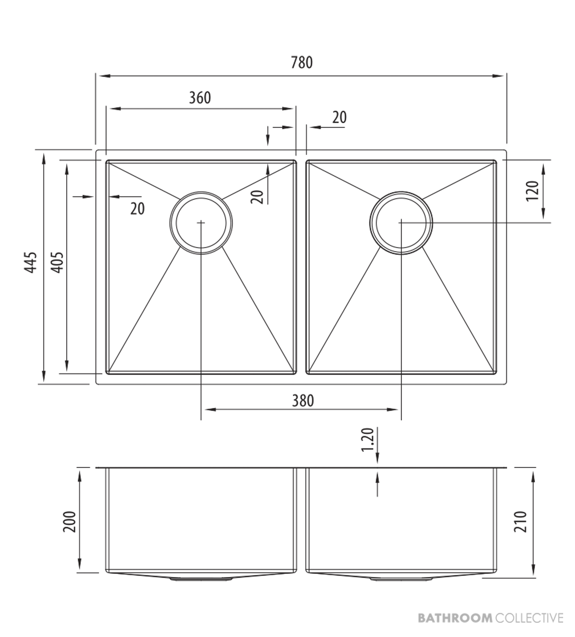 Oliveri Spectra Top, Flush & Under Mount Double Bowl Sink 780mm, Black SB63BK