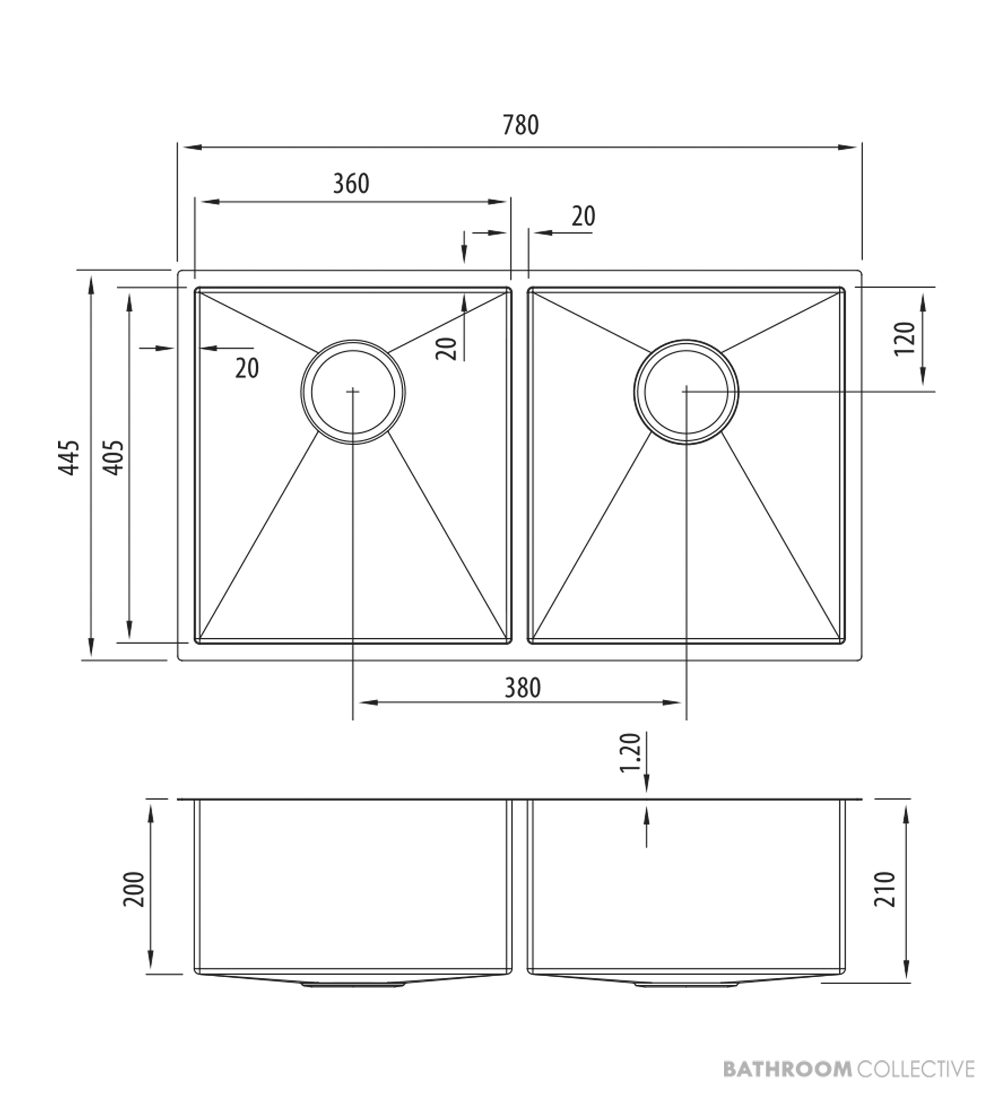 Oliveri Spectra Top, Flush & Under Mount Double Bowl Sink 780mm, Copper SB63CU