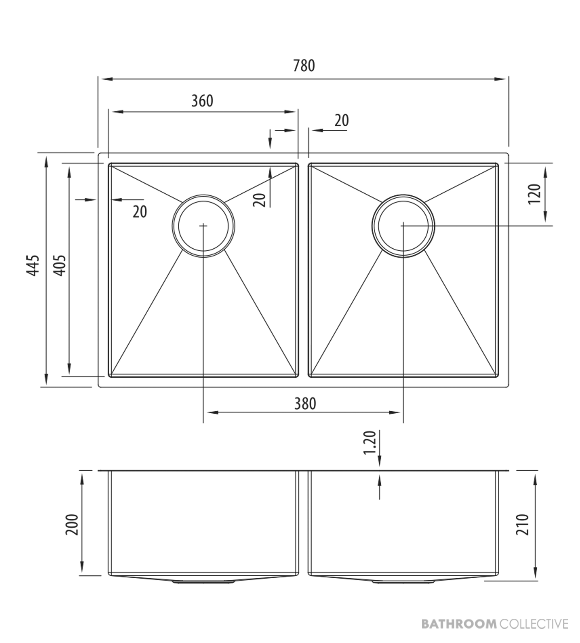 Oliveri Spectra Top, Flush & Under Mount Double Bowl Sink 780mm, Gunmetal SB63GM