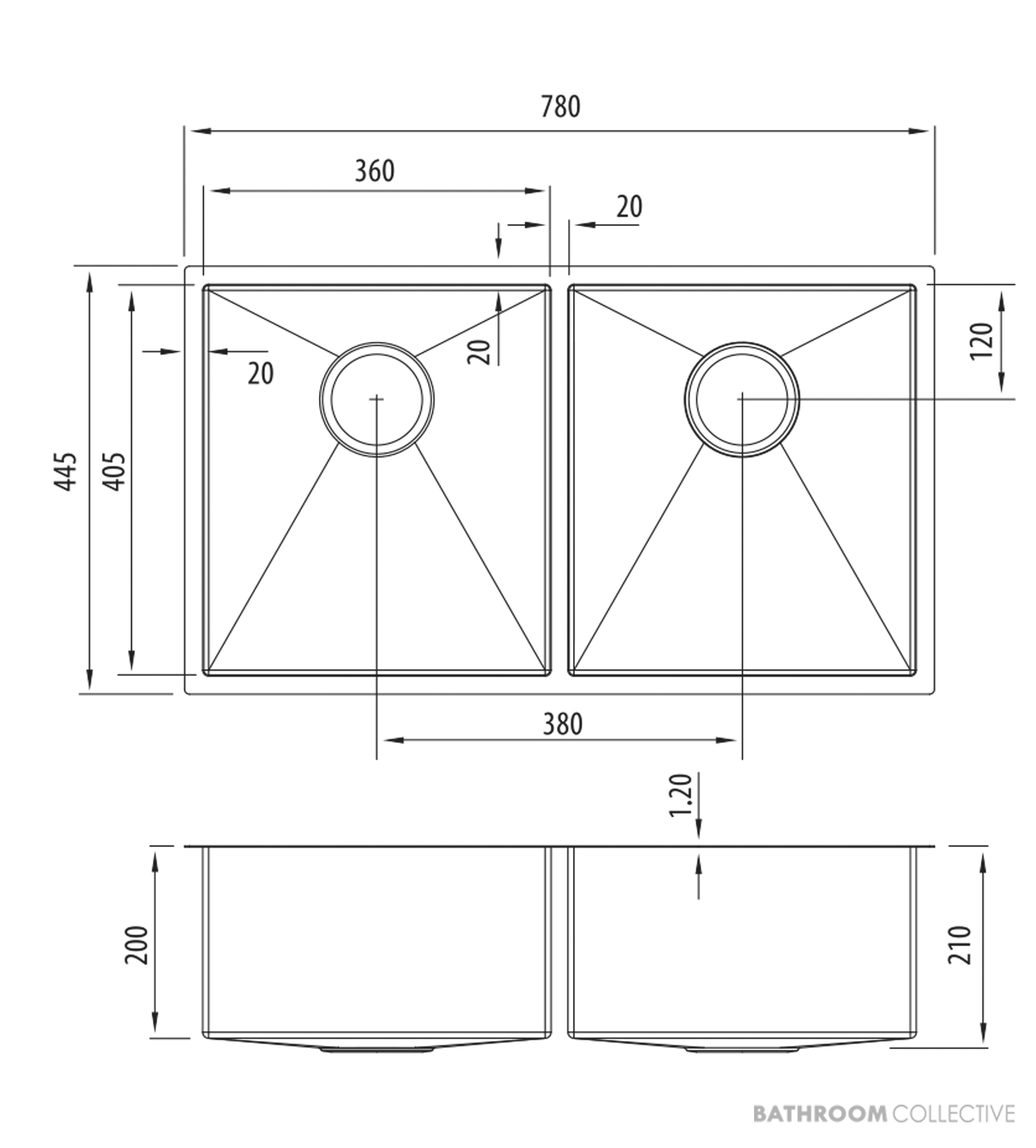 Oliveri Spectra Top, Flush & Under Mount Double Bowl Sink 780mm, Stainless SB63SS