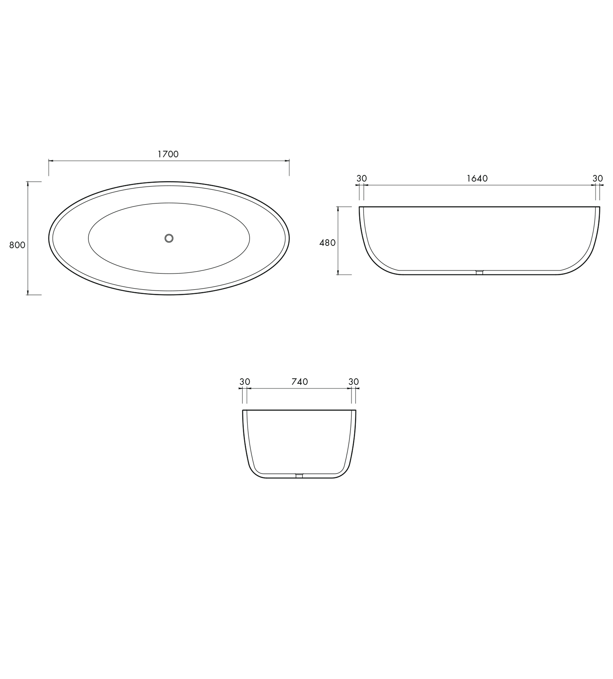 Apaiser Seascapes 1700mm Stone Freestanding Bath Without Base