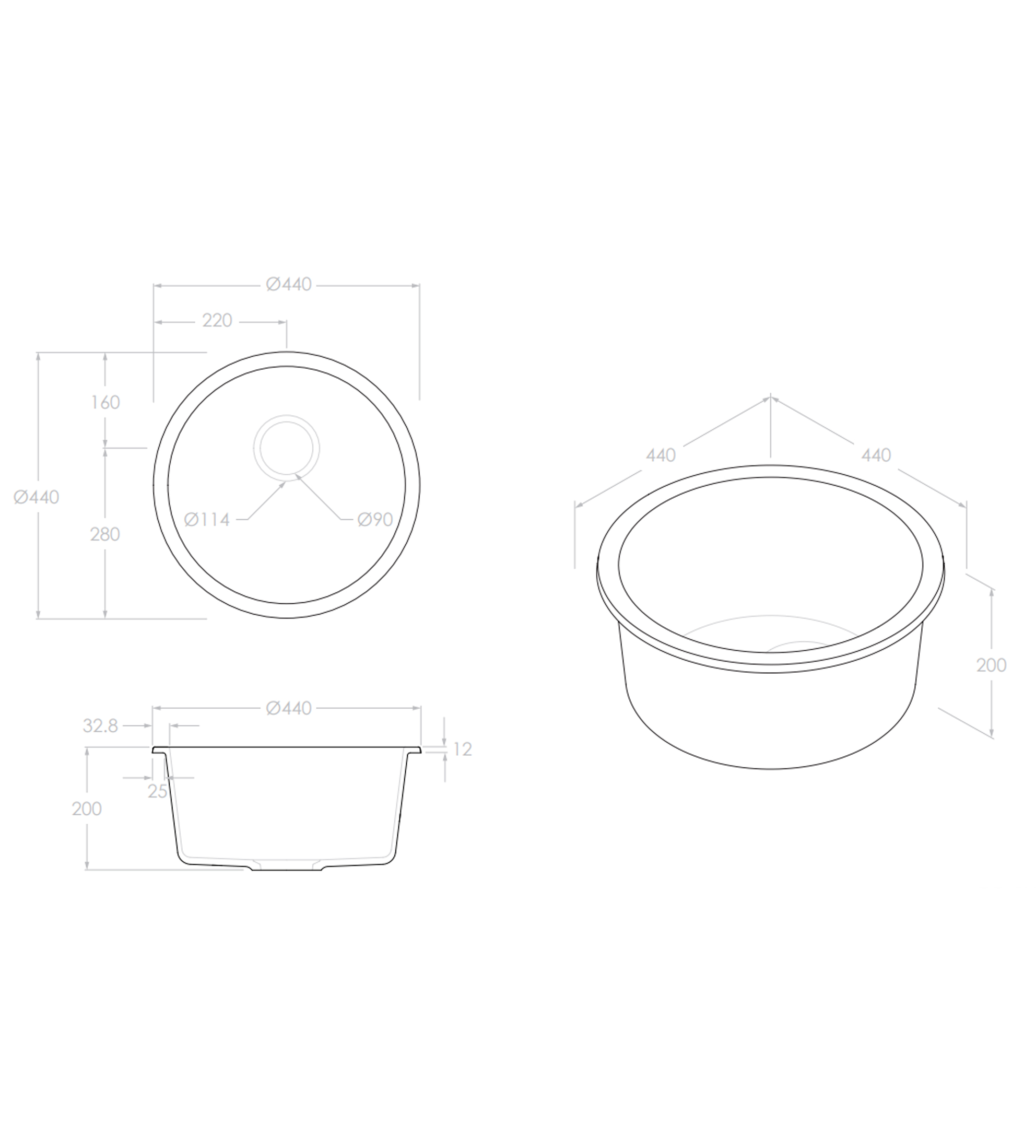 ADP Bellevue 440mm Round Sink, Matte Black
