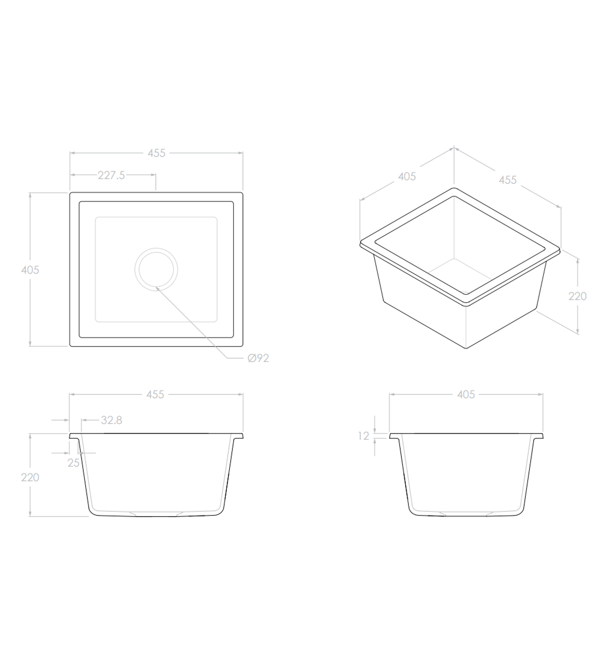 ADP Bellevue 405mm Small Rectangular Sink, Matte White