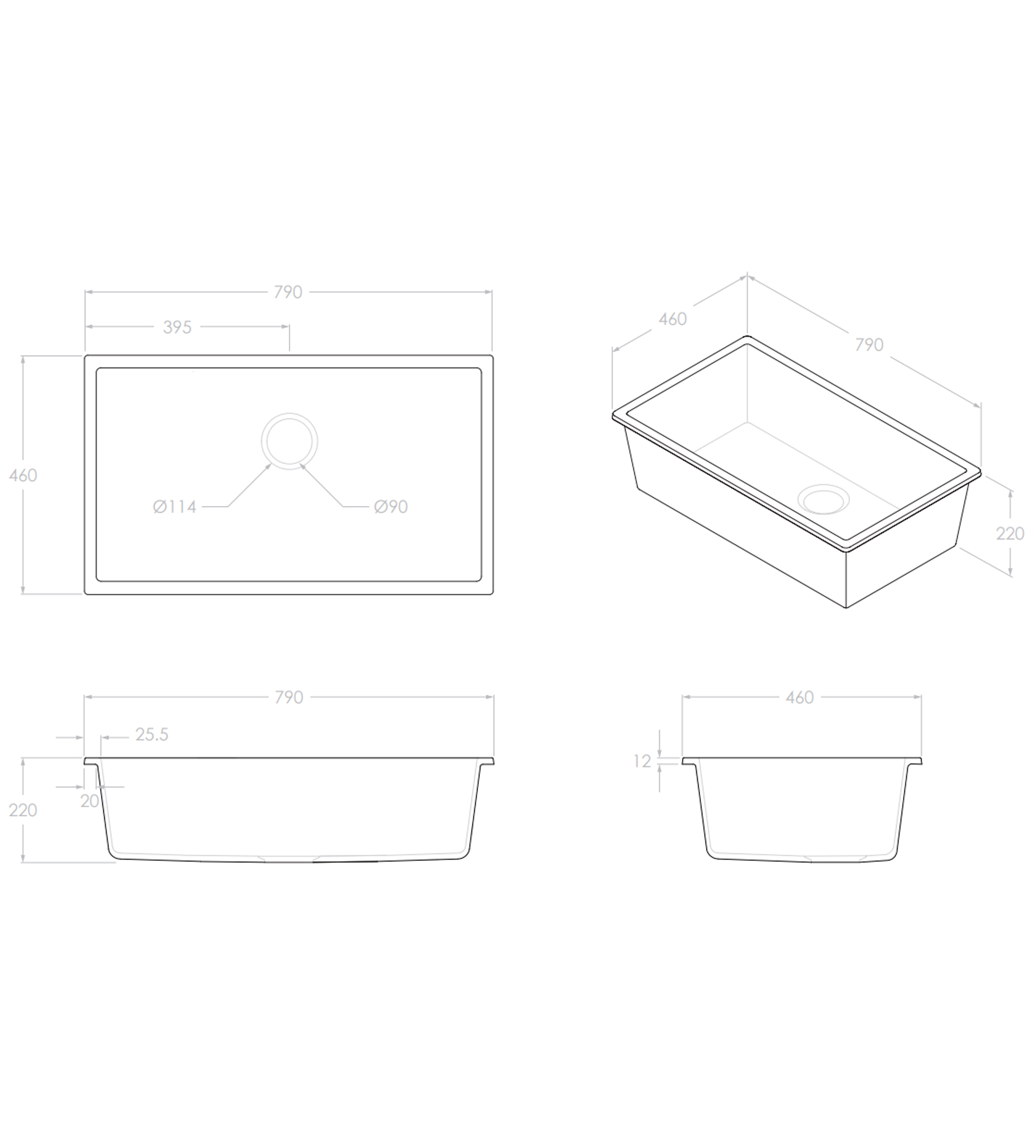 ADP Bellevue 790mm Large Rectangular Sink, Matte Black