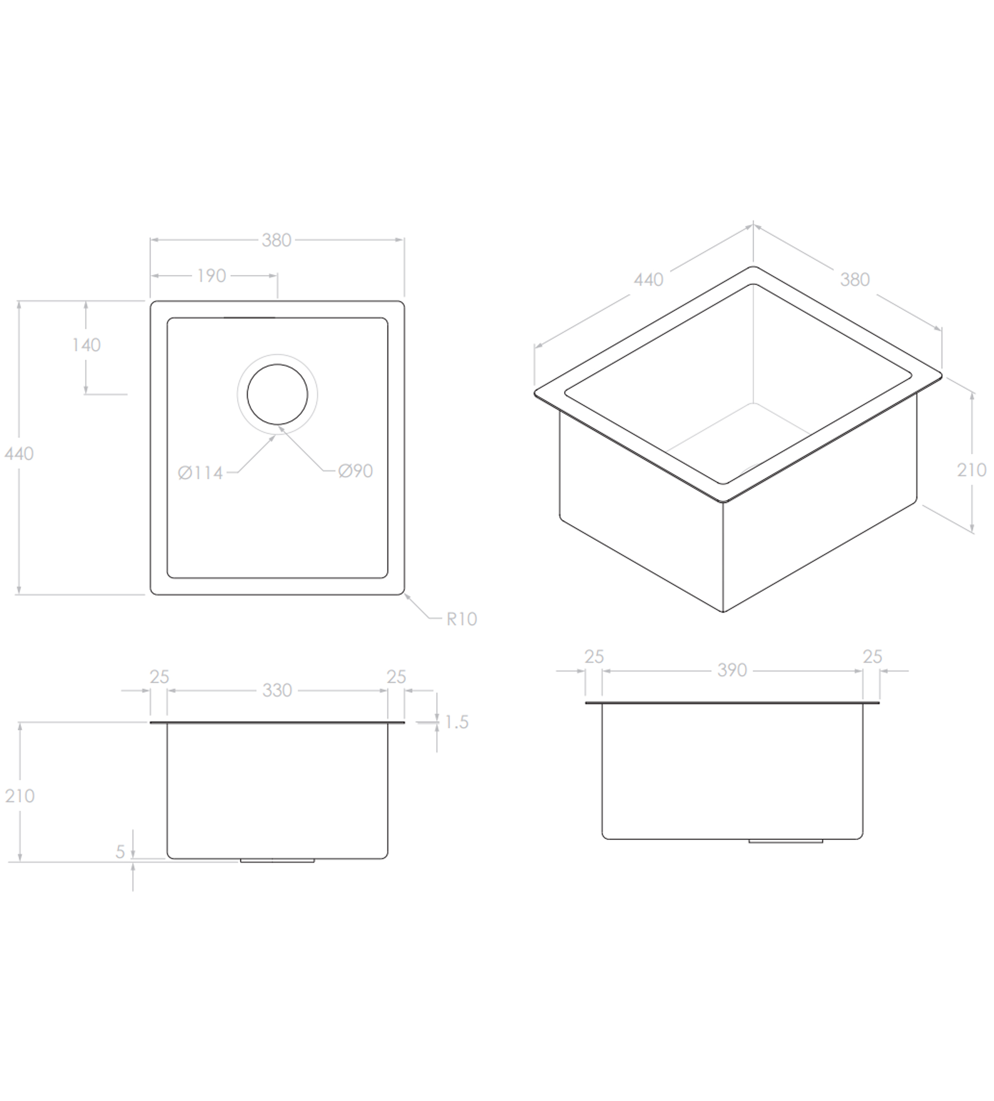 ADP Clovelly 380mm Small Rectangular Sink, Stainless Steel