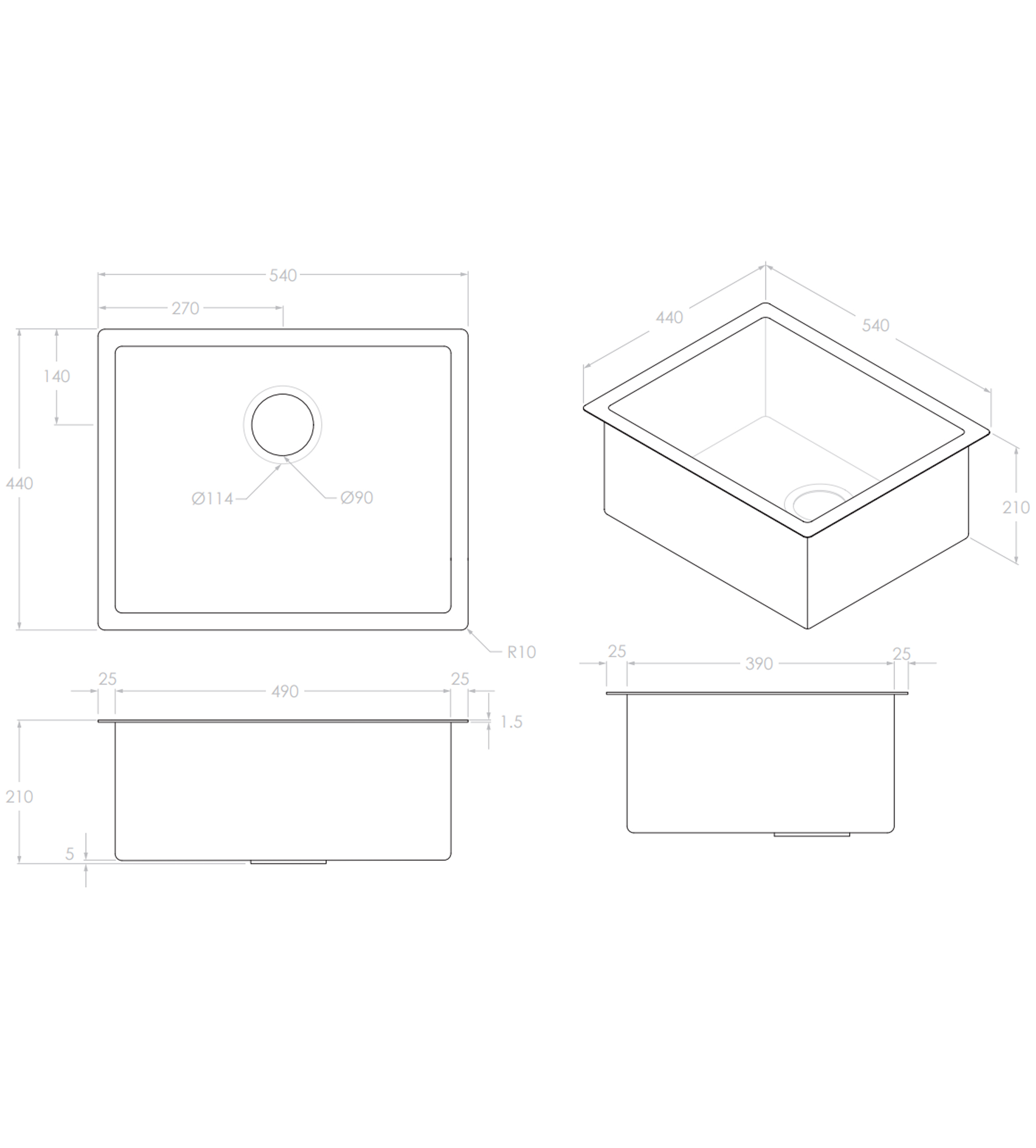 ADP Clovelly 540mm Large Rectangular Sink, Stainless Steel
