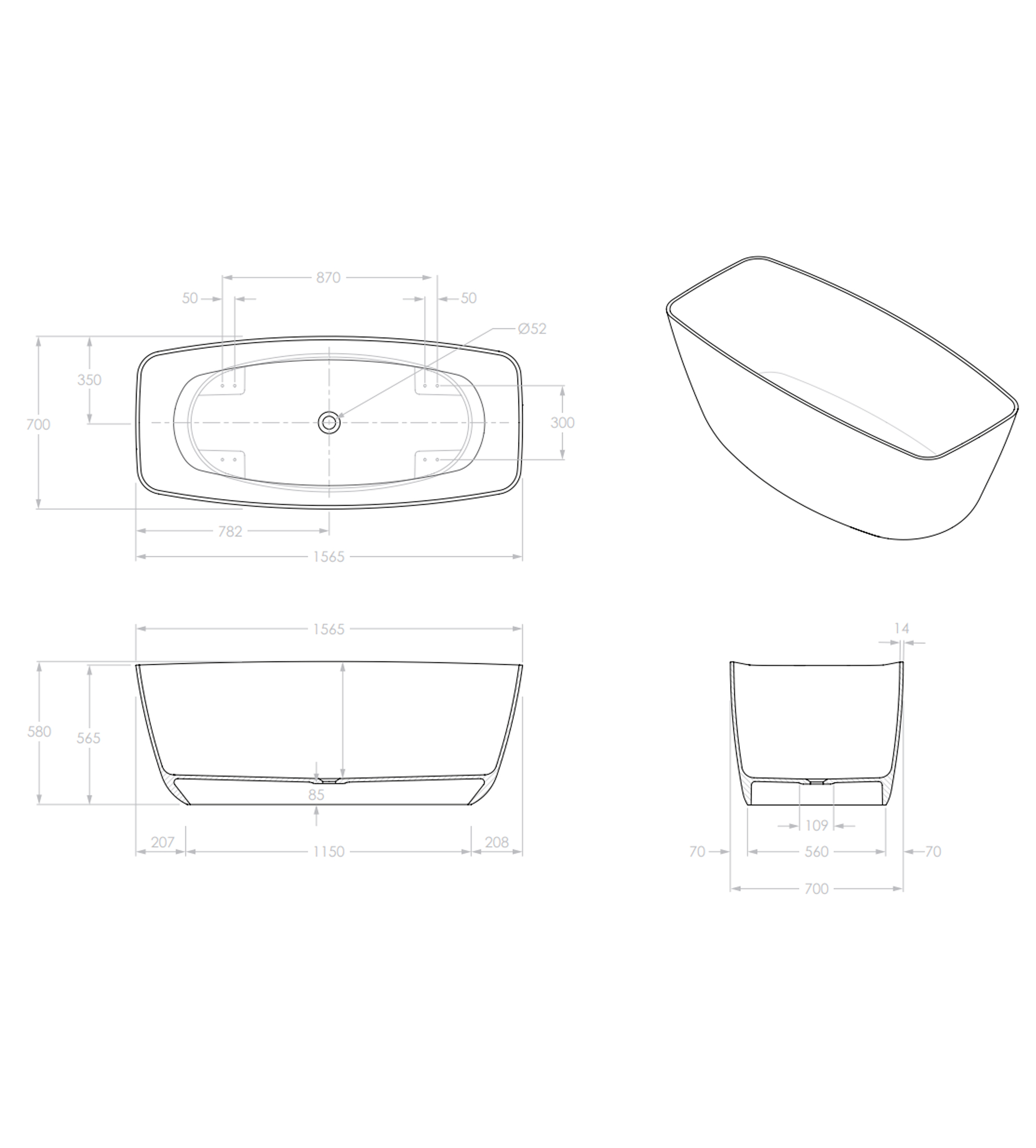 ADP Slumber 1565mm Solid Surface Freestanding Bath, Gloss White
