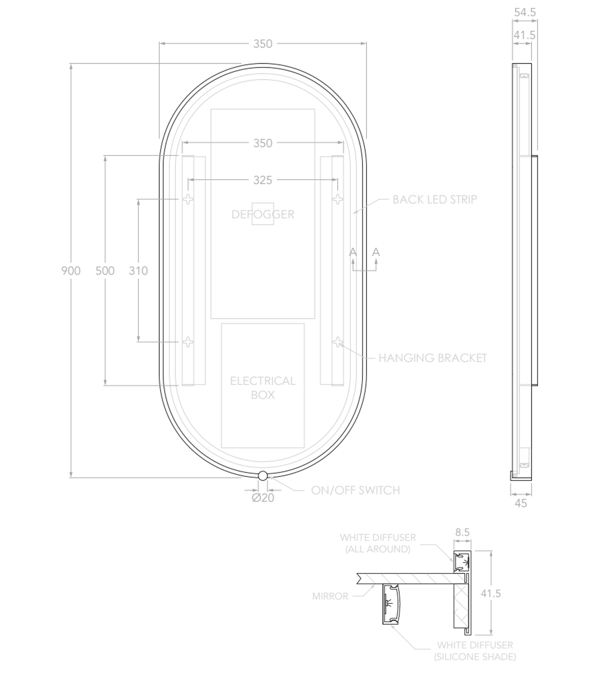 ADP Sera Pill LED 900 x 450mm Wall Mirror, Matte Black