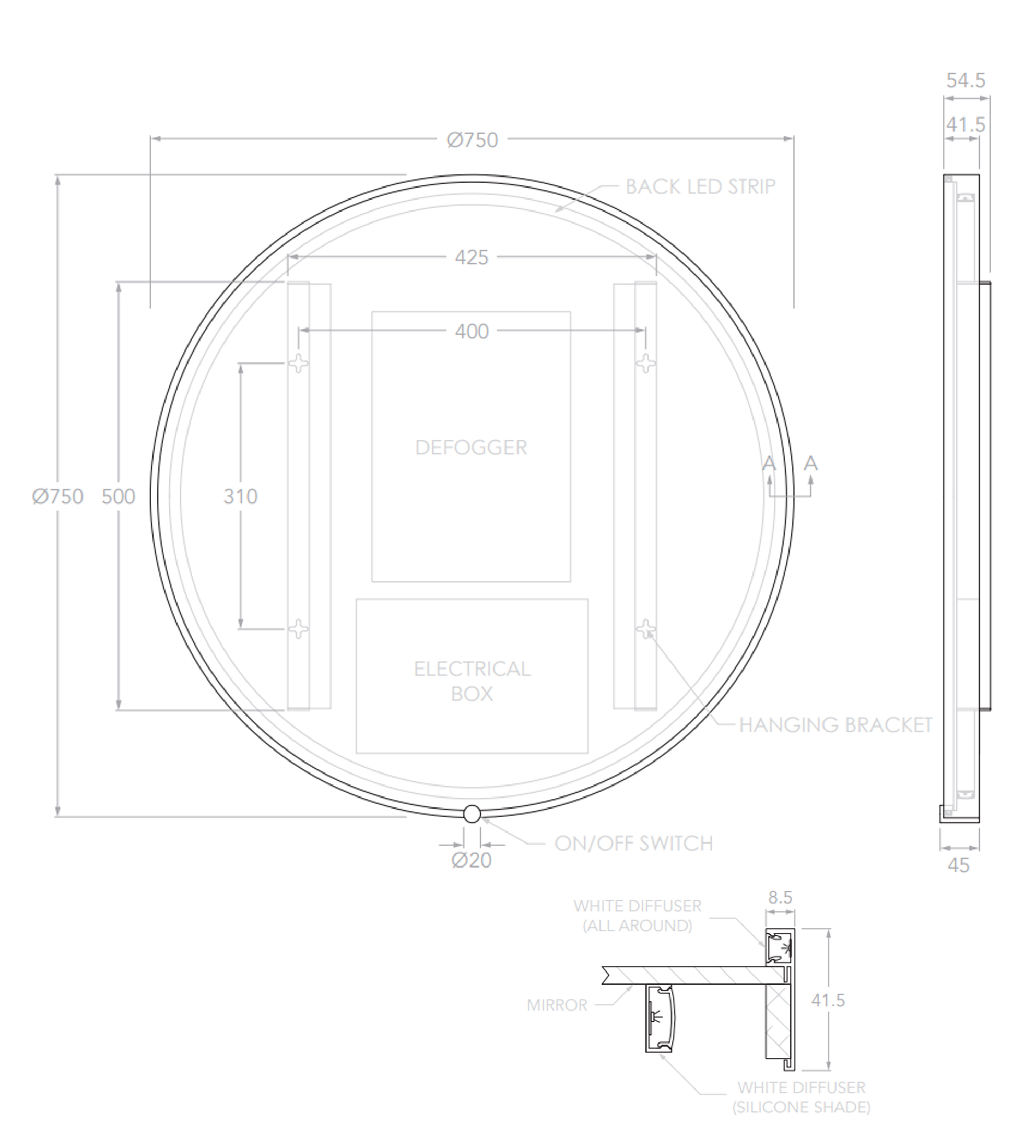 ADP Sera Round 750mm LED Wall Mirror, Matte White