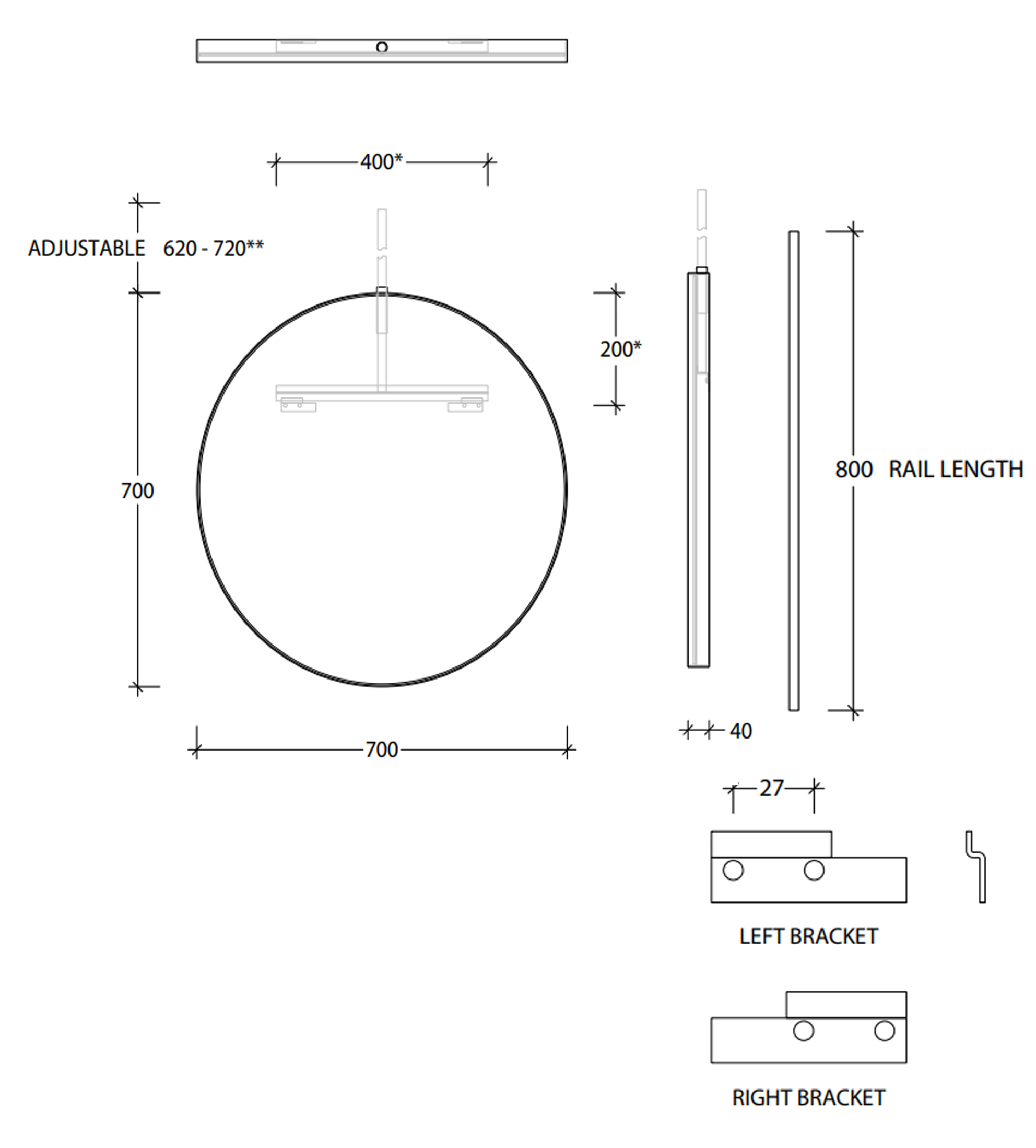 ADP Stella 700mm Framed Mirrors with Hanging Bracket, Matte Black