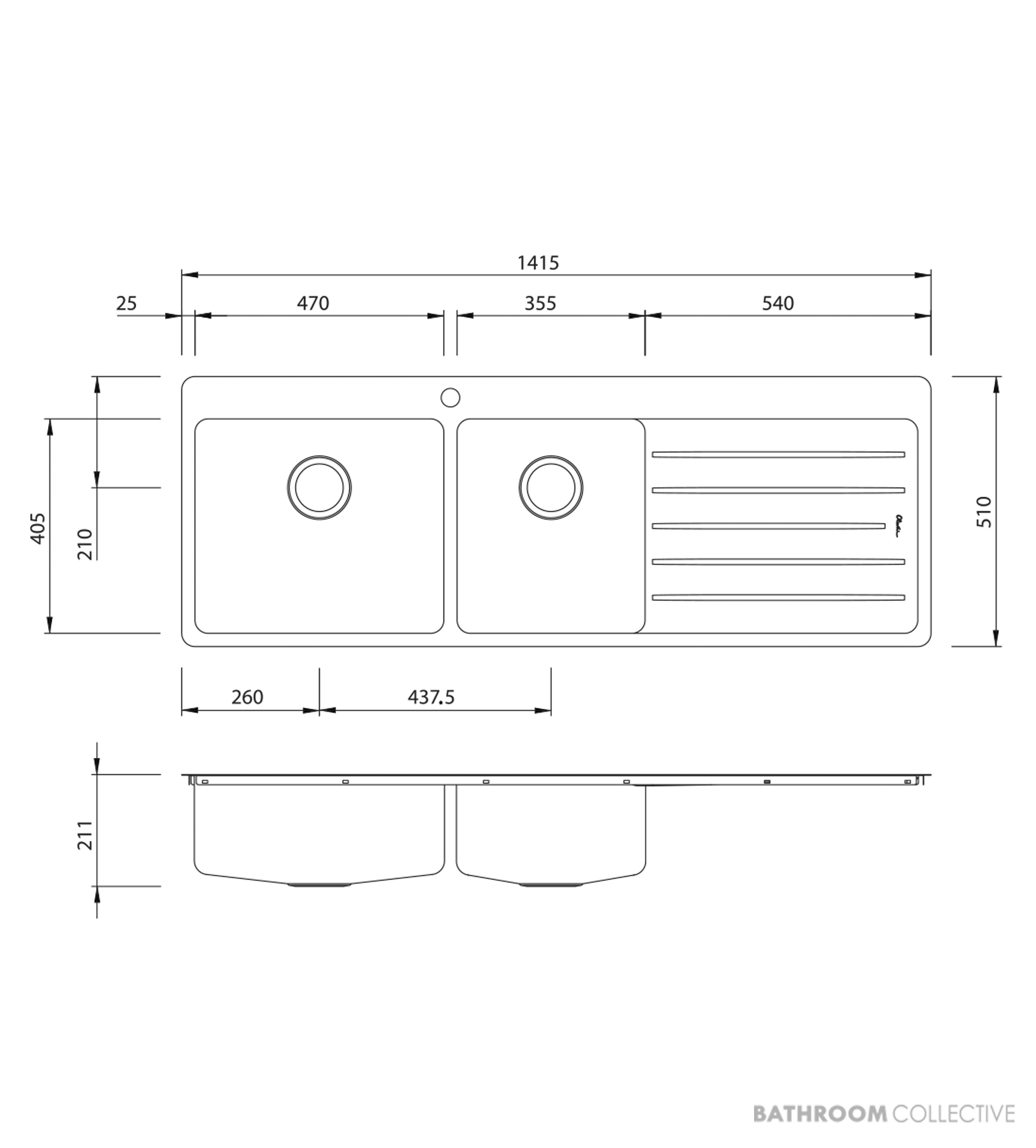 Oliveri Sonetto Topmount 1 & 3/4 Double Bowl Sink 1415mm, 1th, Right Drainer, Stainless SN1011