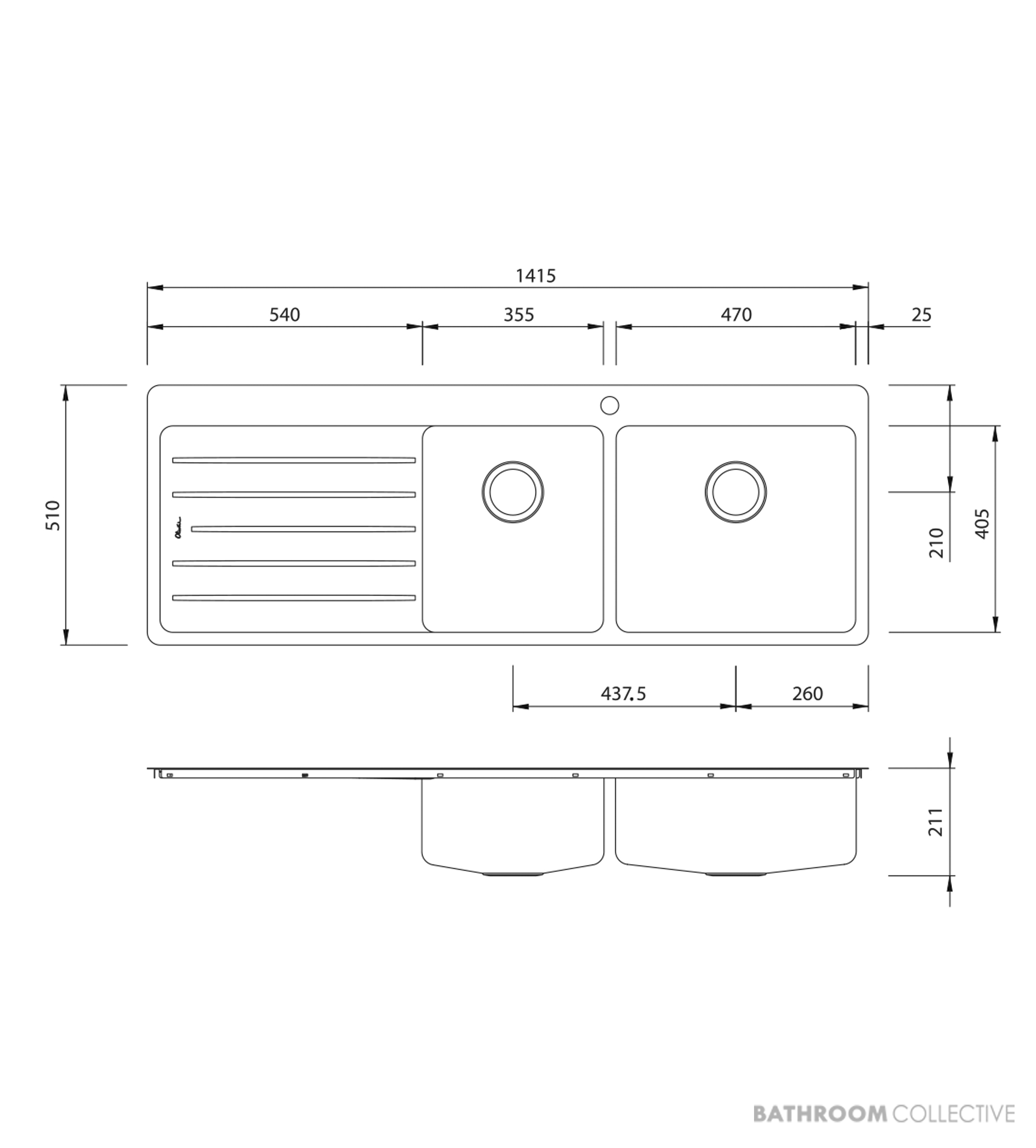 Oliveri Sonetto Topmount 1 & 3/4 Double Bowl Sink 1415mm, 1th, Left Drainer, Stainless SN1012