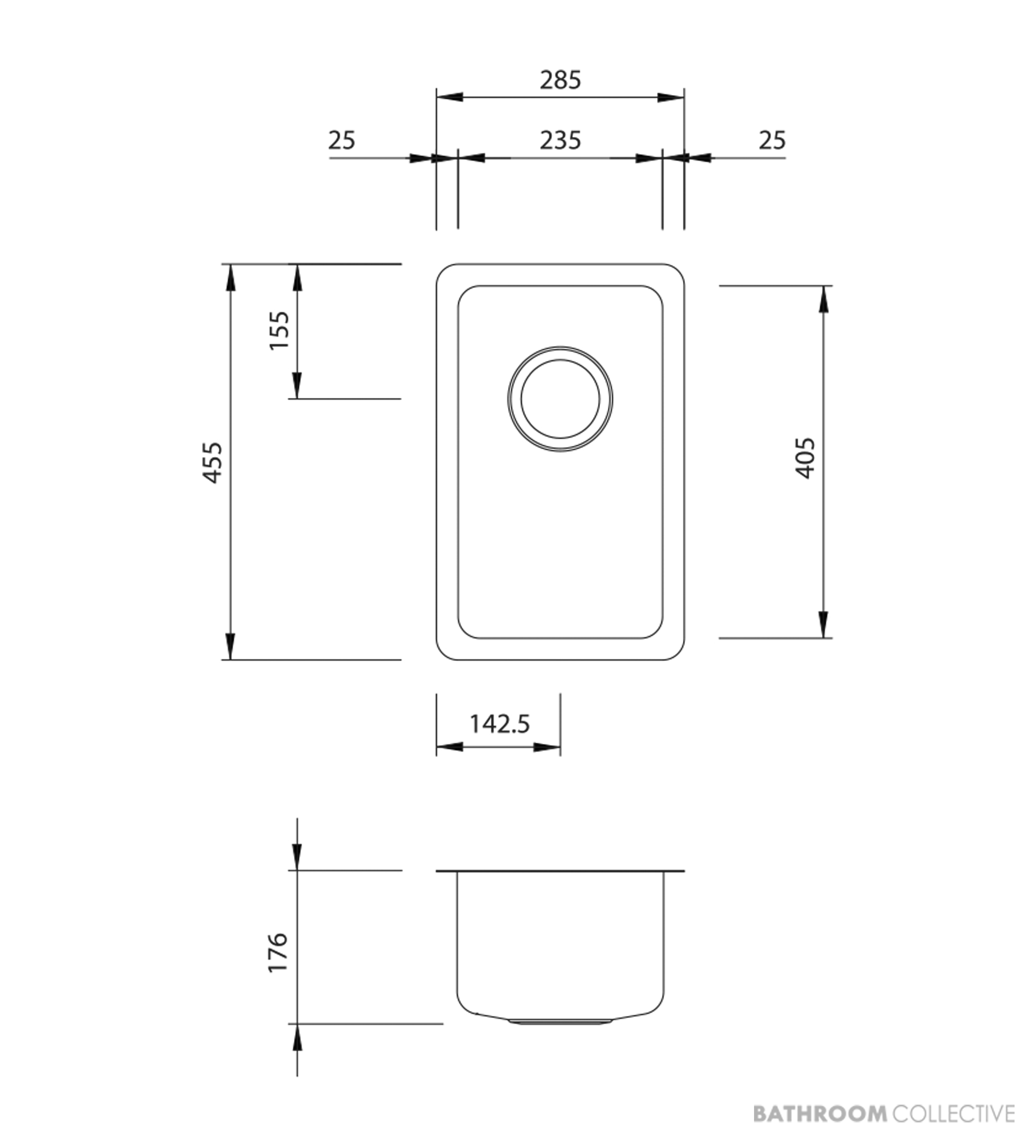 Oliveri Sonetto Undermount 1/2 Single Bowl Sink 285mm, Stainless SN1020U