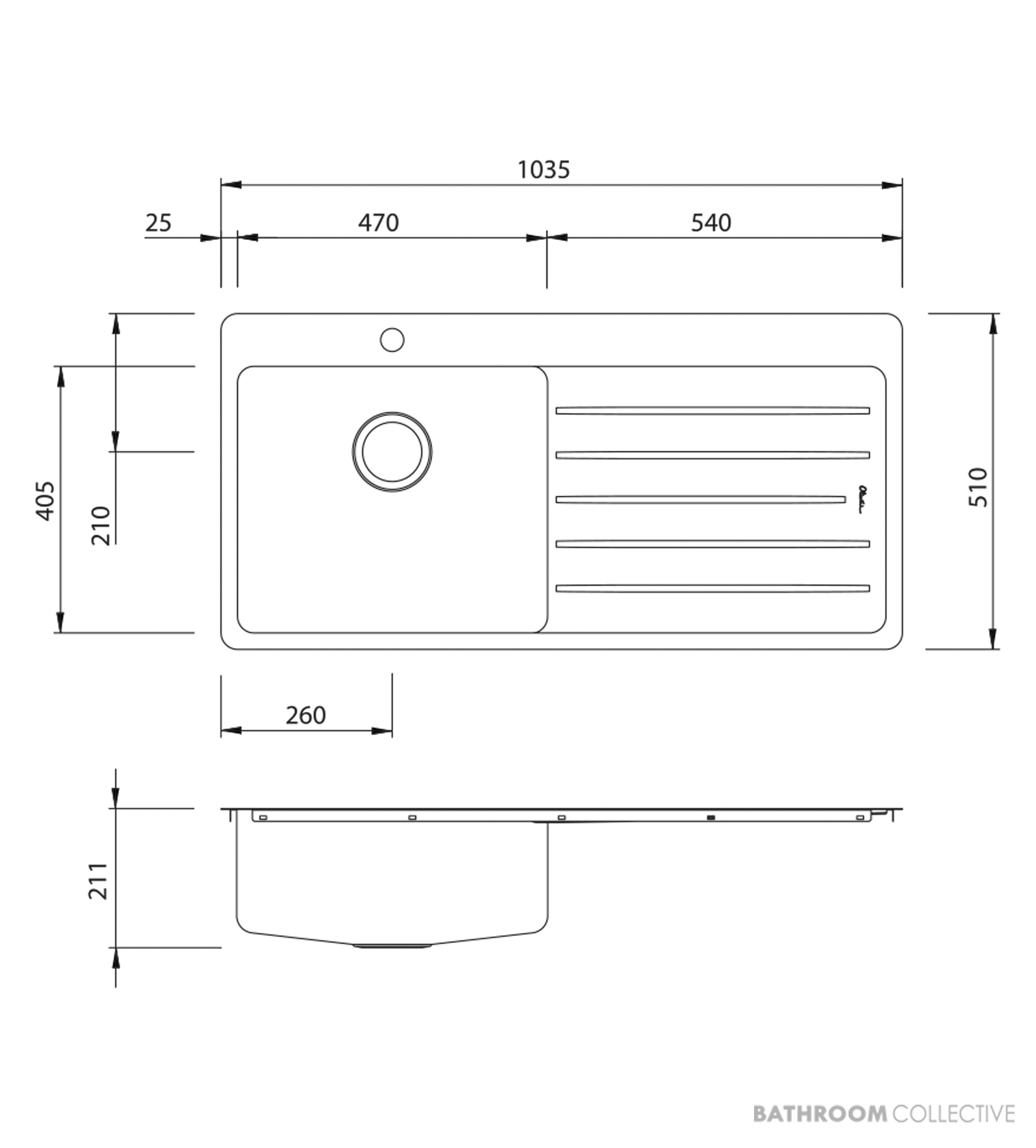 Oliveri Sonetto Topmount Single Bowl Sink 1035mm, 1th, Right Drainer, Stainless SN1021