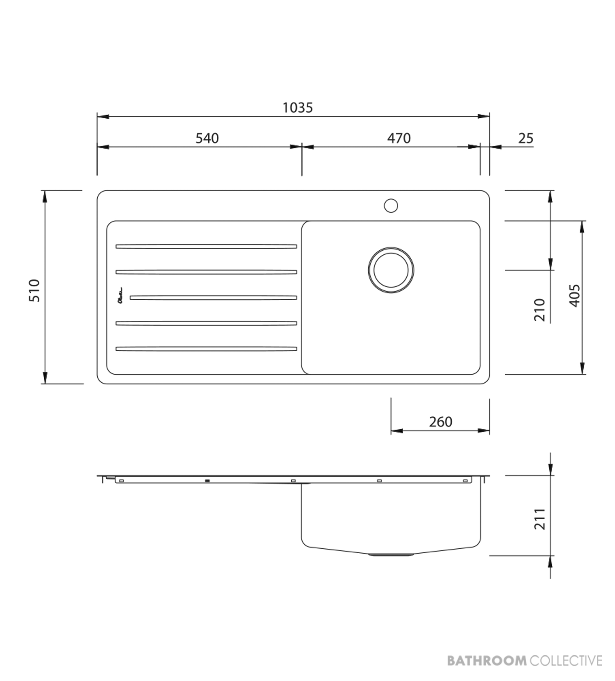 Oliveri Sonetto Topmount Single Bowl Sink 1035mm, 1th, Left Drainer, Stainless SN1022