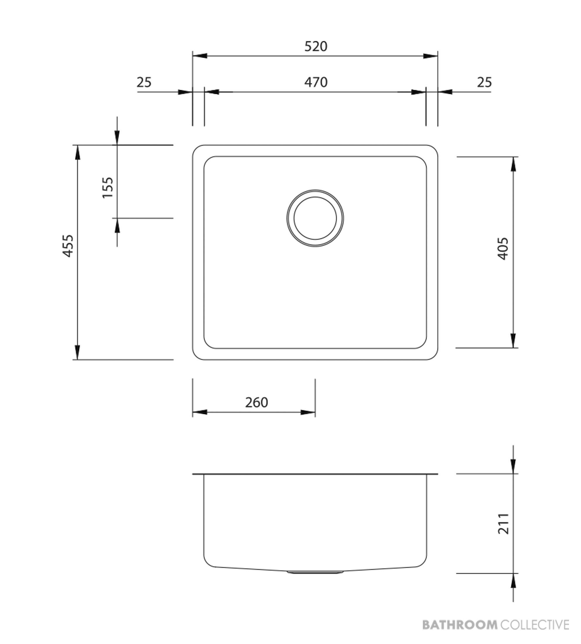 Oliveri Sonetto Undermount Single Large Bowl Sink 520mm, Stainless SN1050U
