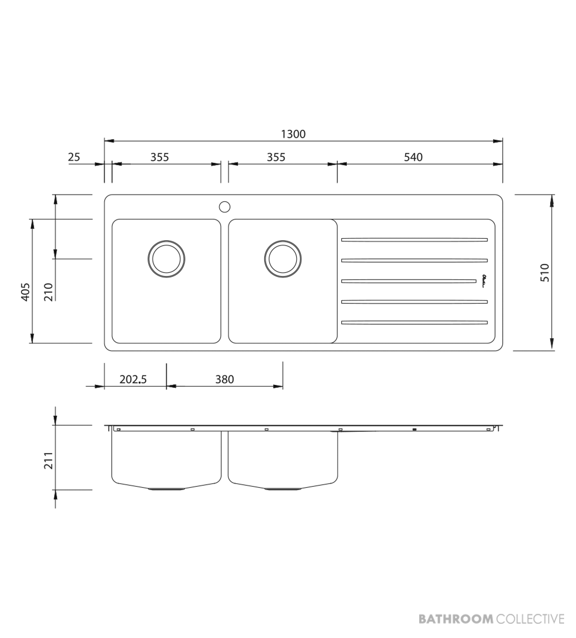 Oliveri Sonetto Topmount Double Bowl Sink 1300mm, 1th, Right Drainer, Stainless SN1071