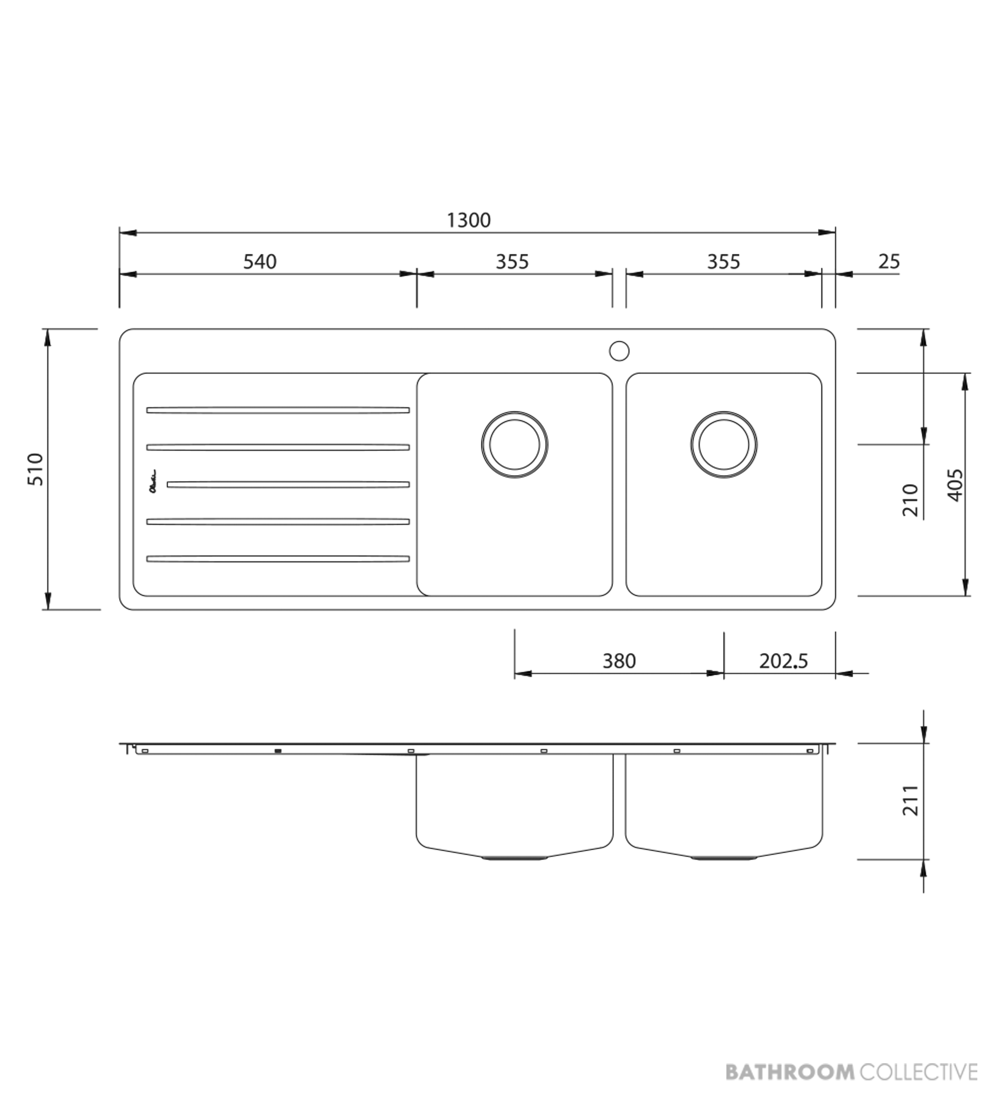 Oliveri Sonetto Topmount Double Bowl Sink 1300mm, 1th, Left Drainer, Stainless SN1072