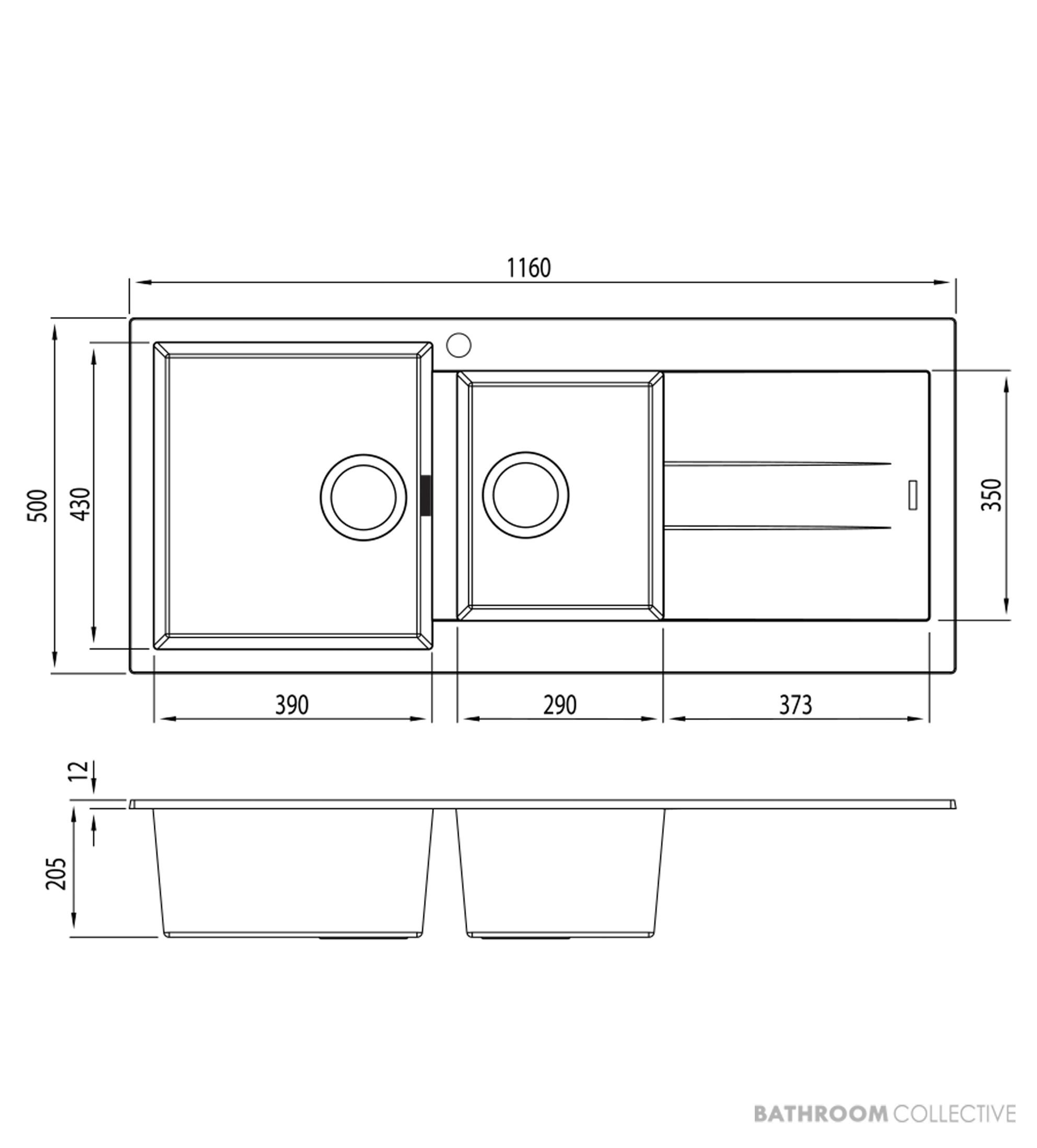 Oliveri Santorini Granite Topmount 1 & 3/4 Double Bowl Sink 1160mm, Right Drainer, 1th, Black ST-BL1511 OF