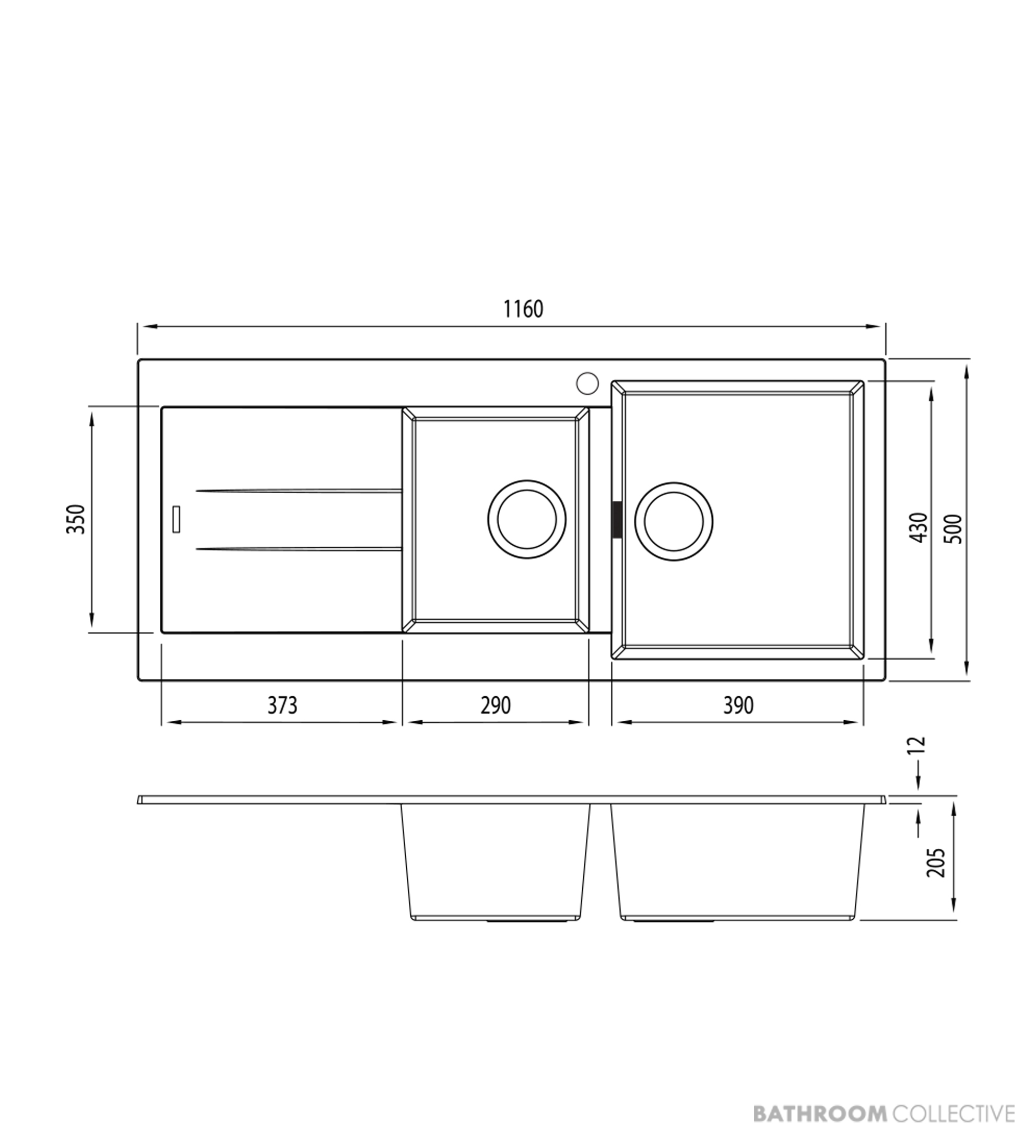 Oliveri Santorini Granite Topmount 1 & 3/4 Double Bowl Sink 1160mm, Left Drainer, 1th, Black ST-BL1512 OF
