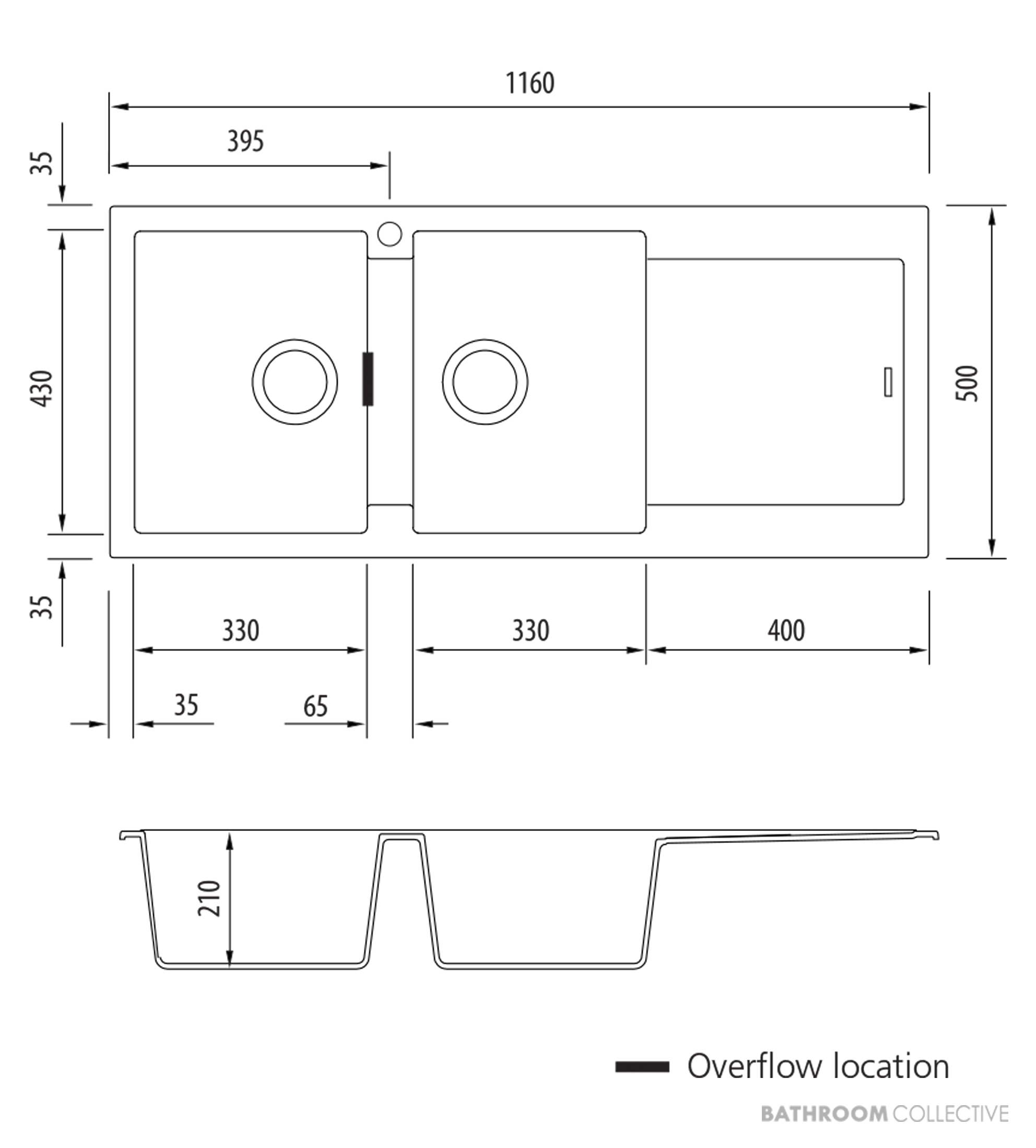 Oliveri Santorini Granite Topmount Double Bowl Sink 1160mm, Right Drainer, 1th, Black ST-BL1516 OF