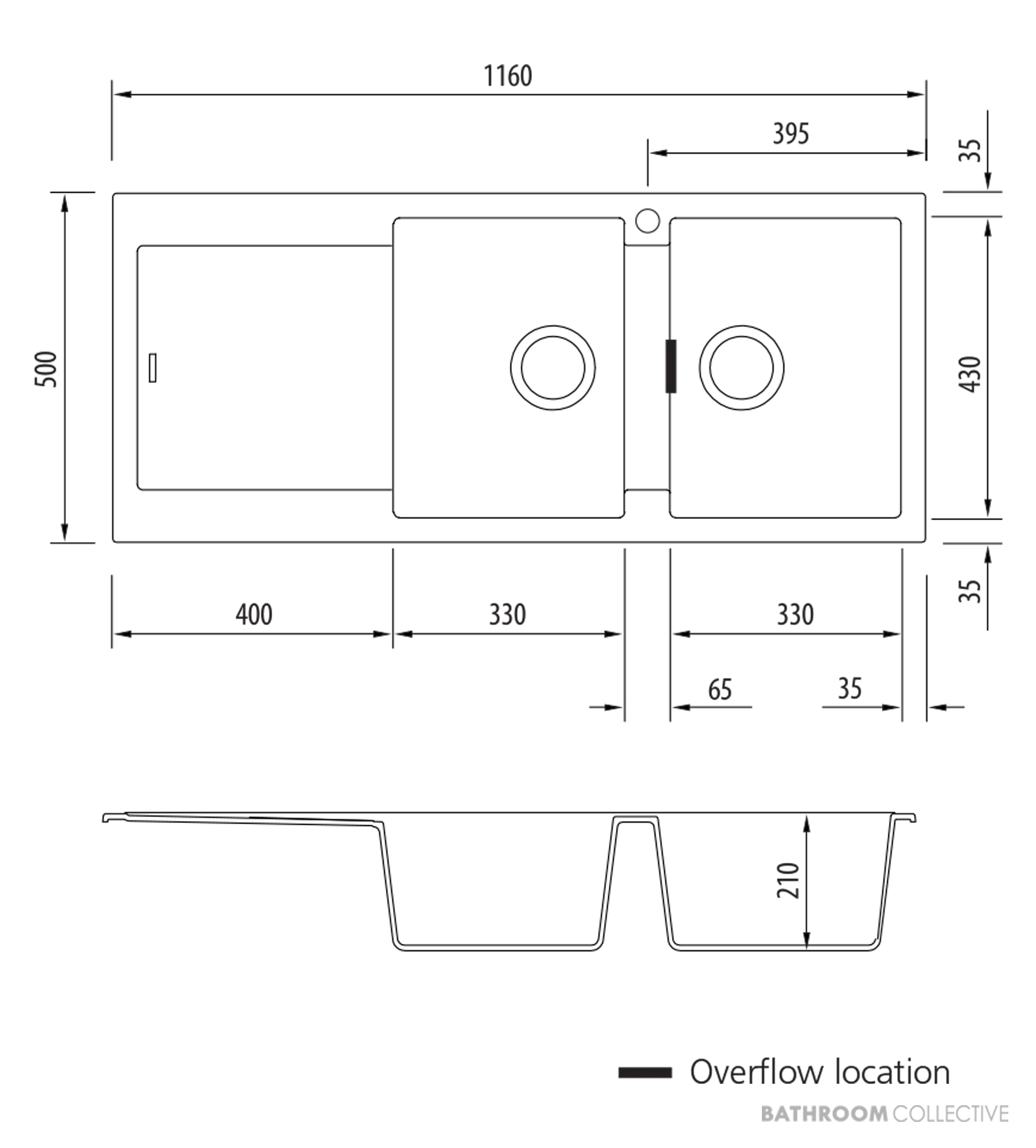 Oliveri Santorini Granite Topmount Double Bowl Sink 1160mm, Left Drainer, 1th, Black ST-BL1517 OF