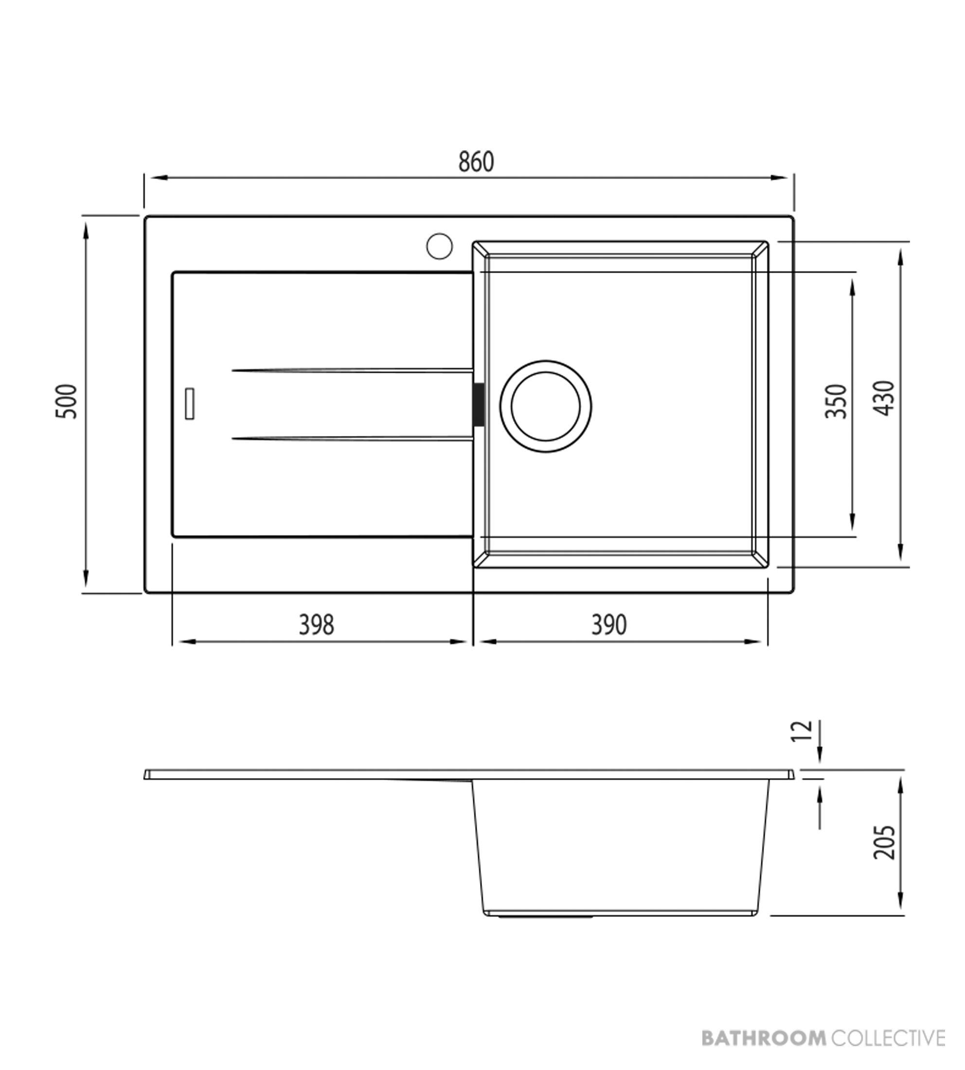 Oliveri Santorini Granite Topmount Single Bowl Sink with Overflow 860mm, Left Drainer, 1th, Black ST-BL1522 OF