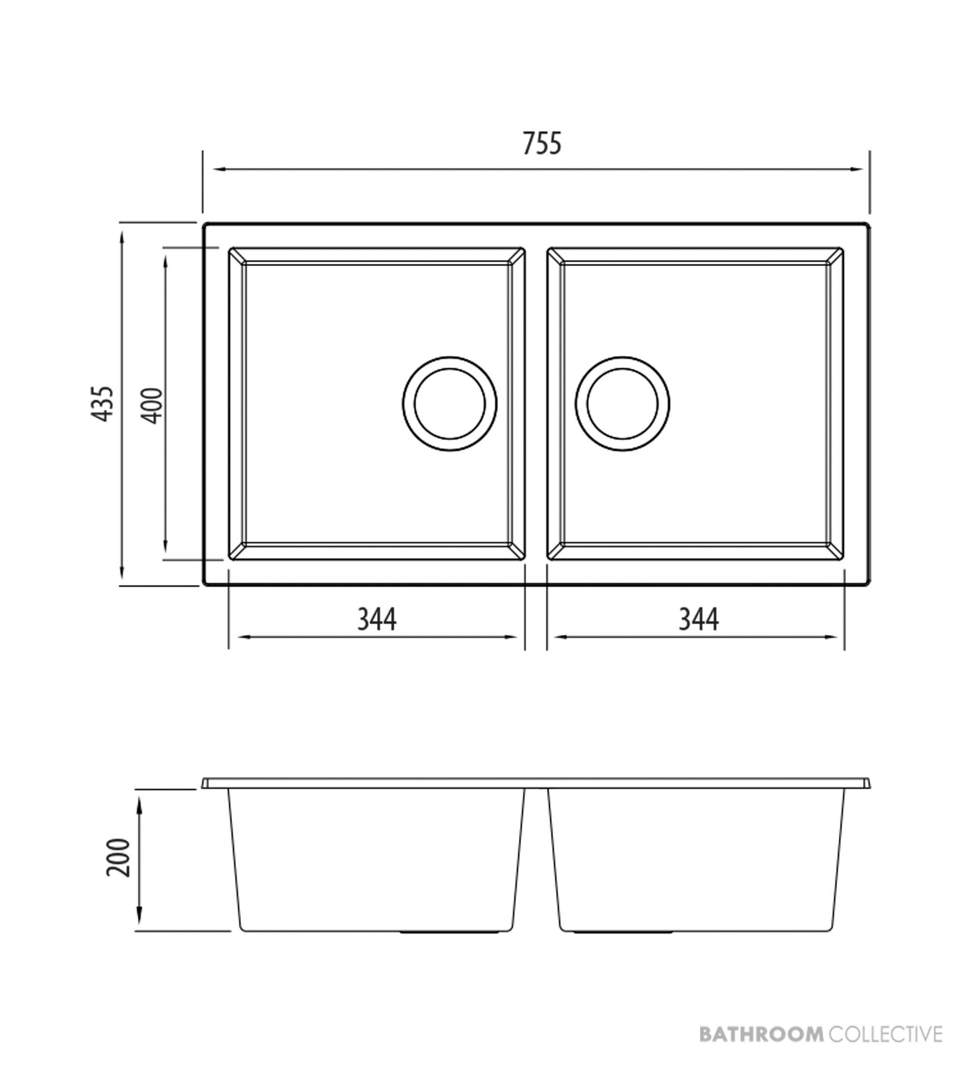 Oliveri Santorini Granite Undermount Piccolo Double Bowl Sink 755mm, Black ST-BL1573U
