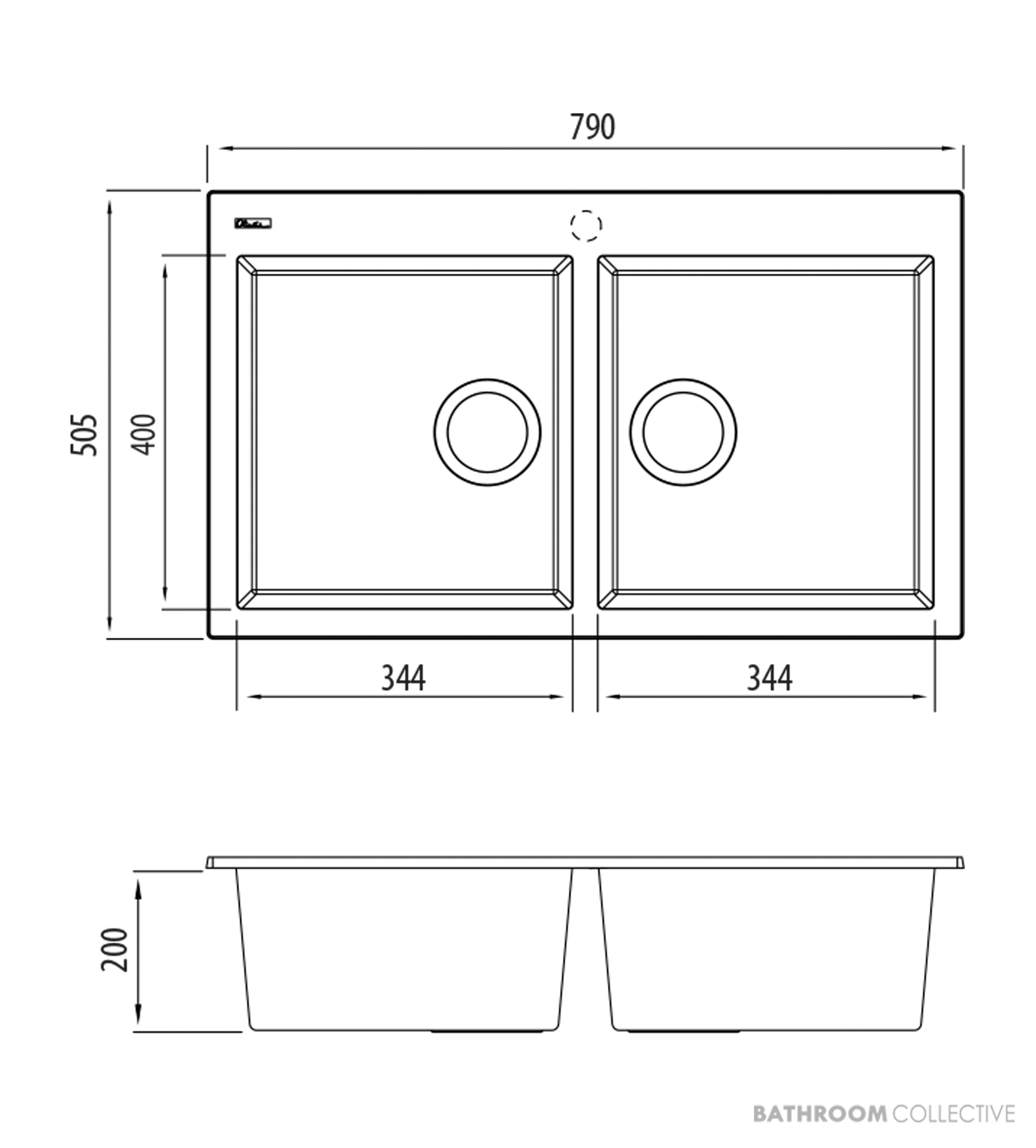 Oliveri Santorini Granite Topmount Piccolo Double Bowl Sink 790mm, 1th, Black ST-BL1574