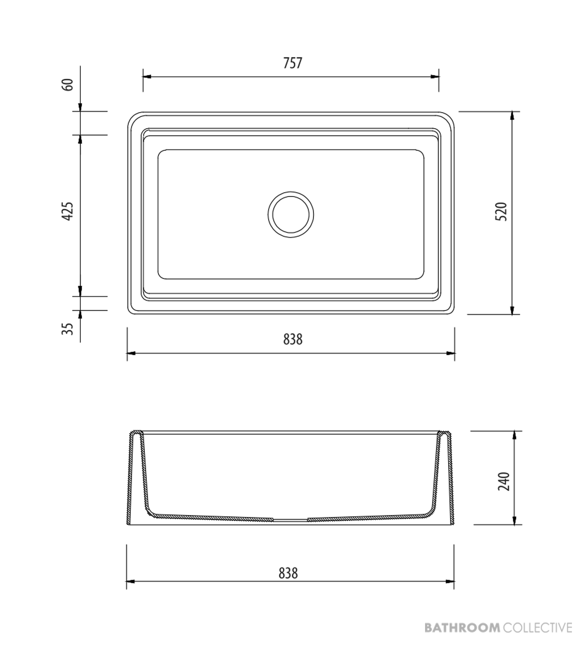 Oliveri Santorini Granite Undermount Farmhouse Single Bowl Sink 838mm, Black ST-BL1584U