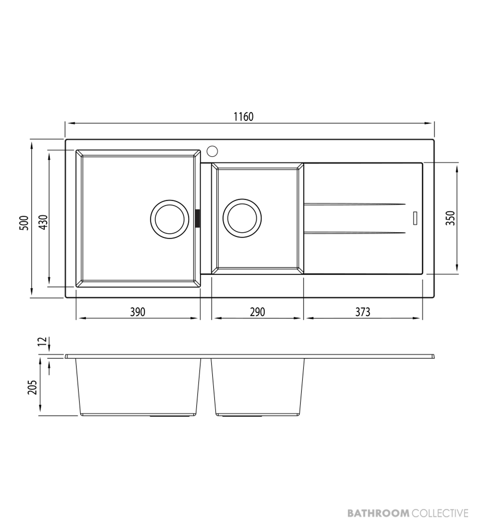 Oliveri Santorini Granite Topmount 1 & 3/4 Double Bowl Sink 1160mm, Right Drainer, 1th, Matte Black ST-MB1511 OF