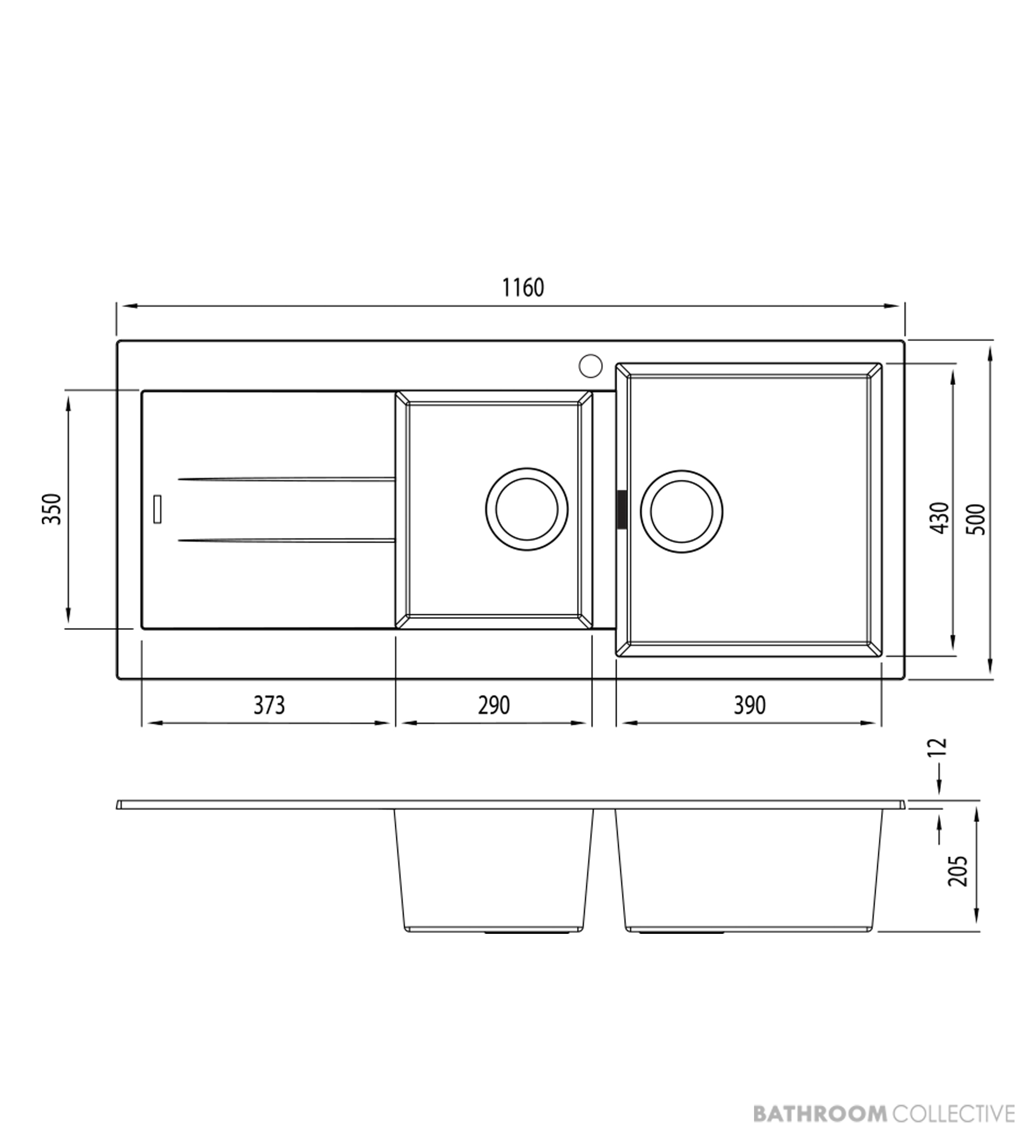 Oliveri Santorini Granite Topmount 1 & 3/4 Double Bowl Sink 1160mm, Left Drainer, 1th, Matte Black ST-MB1512 OF