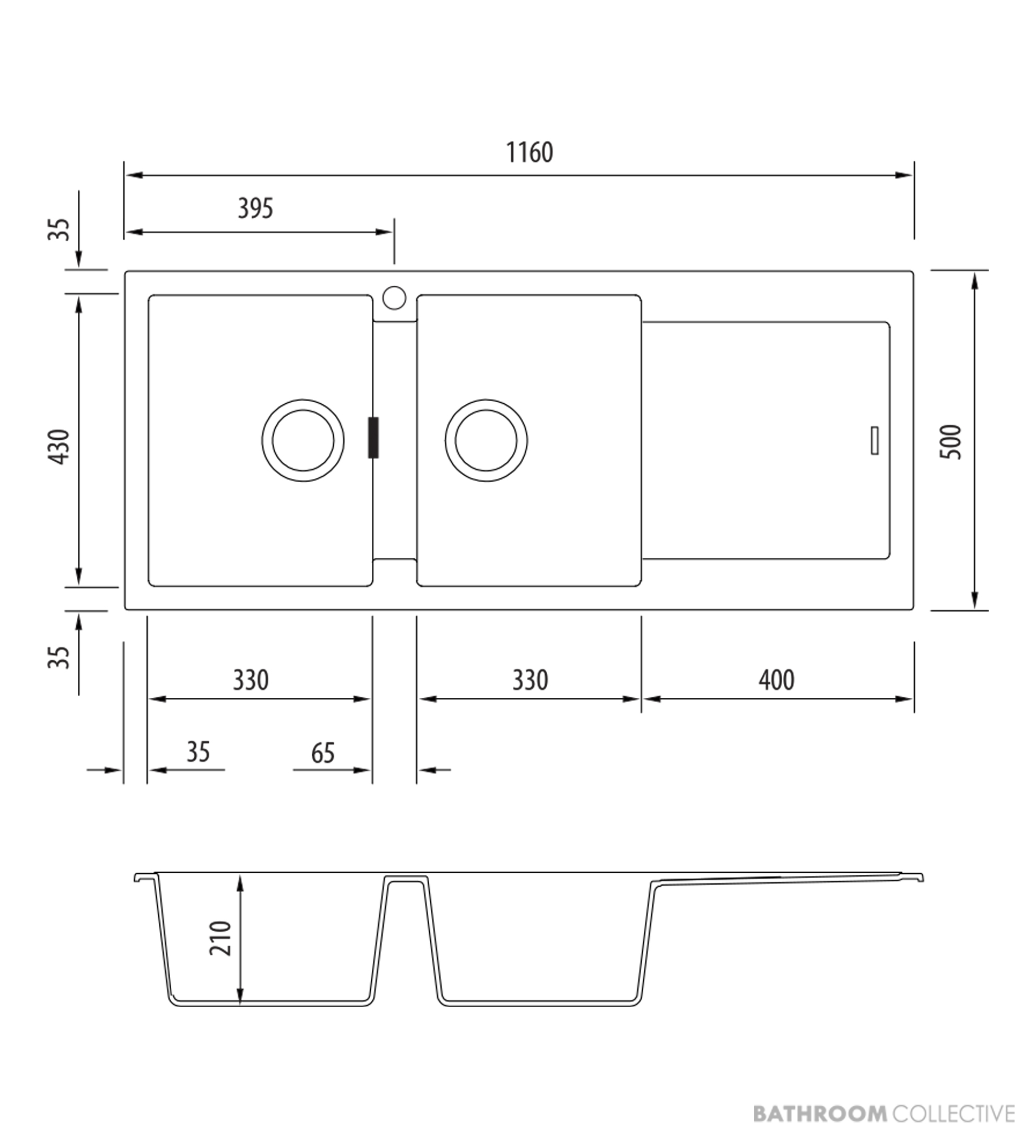 Oliveri Santorini Granite Topmount Double Bowl Sink 1160mm, Right Drainer, 1th, Matte Black ST-MB1516 OF