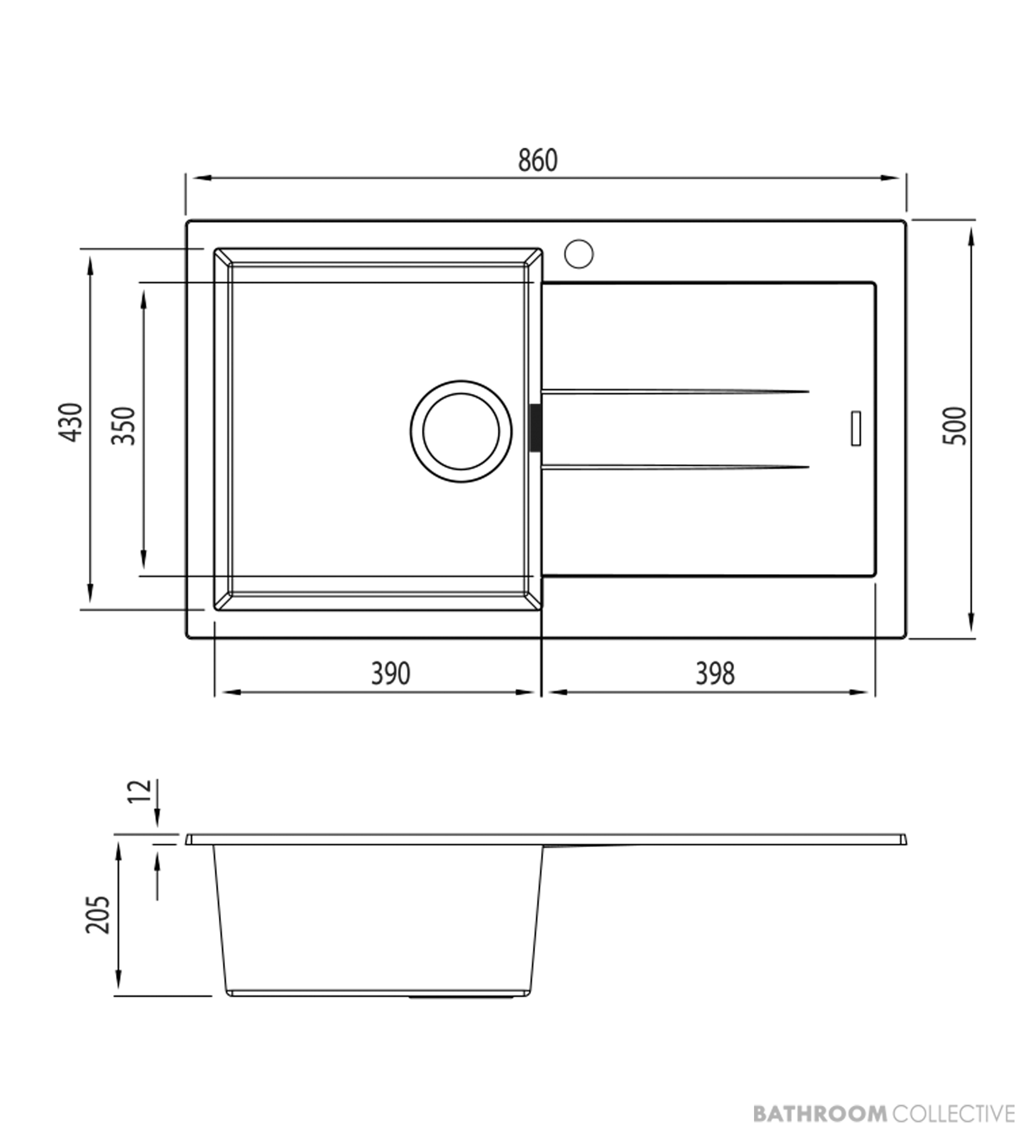 Oliveri Santorini Granite Topmount Single Bowl Sink 860mm, Right Drainer, 1th, Matte Black ST-MB1521 OF
