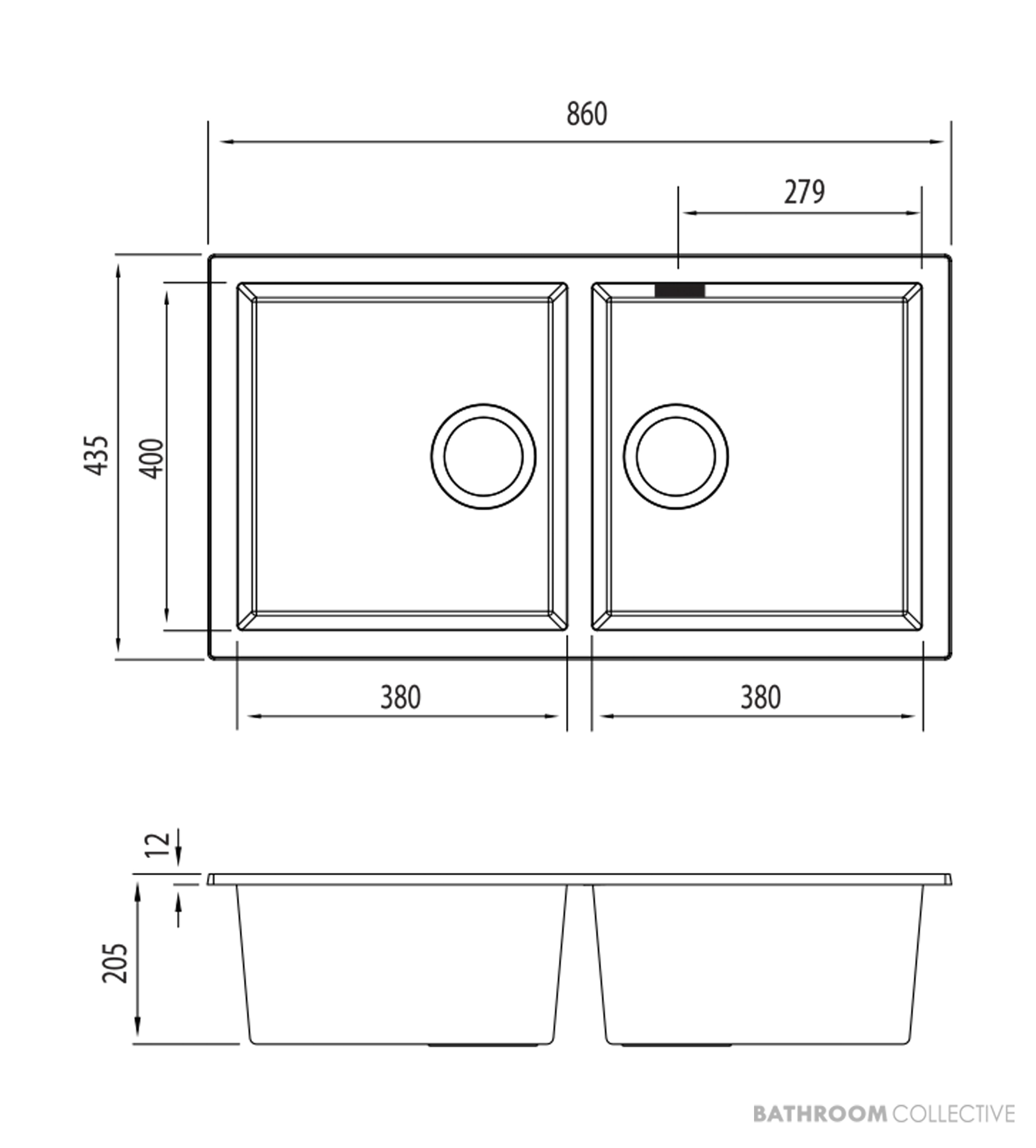 Oliveri Santorini Granite Undermount Double Bowl Sink 860mm, Matte Black ST-MB1563U OF