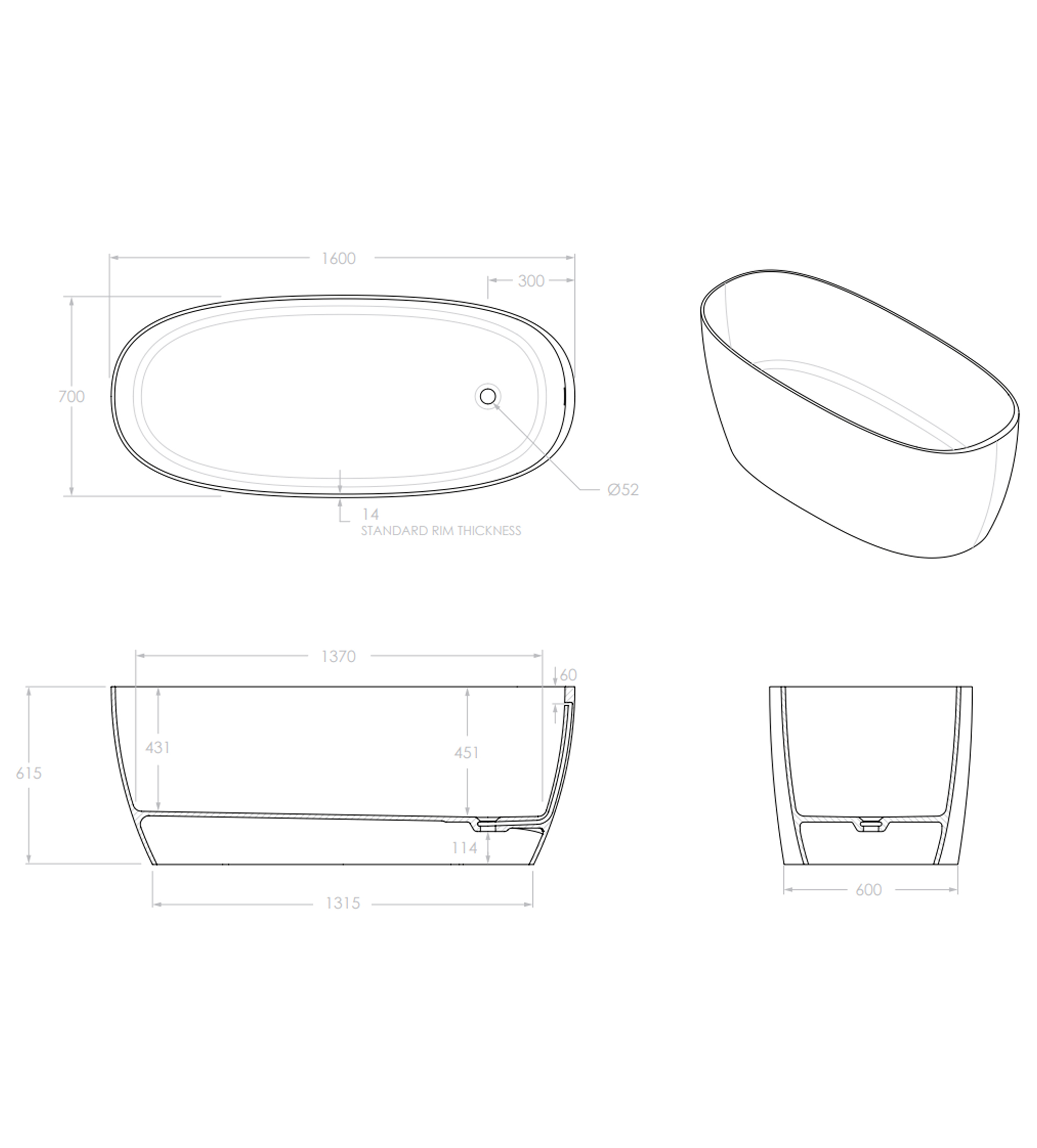 ADP Submerge 1600mm Solid Surface Freestanding Bath, Gloss White