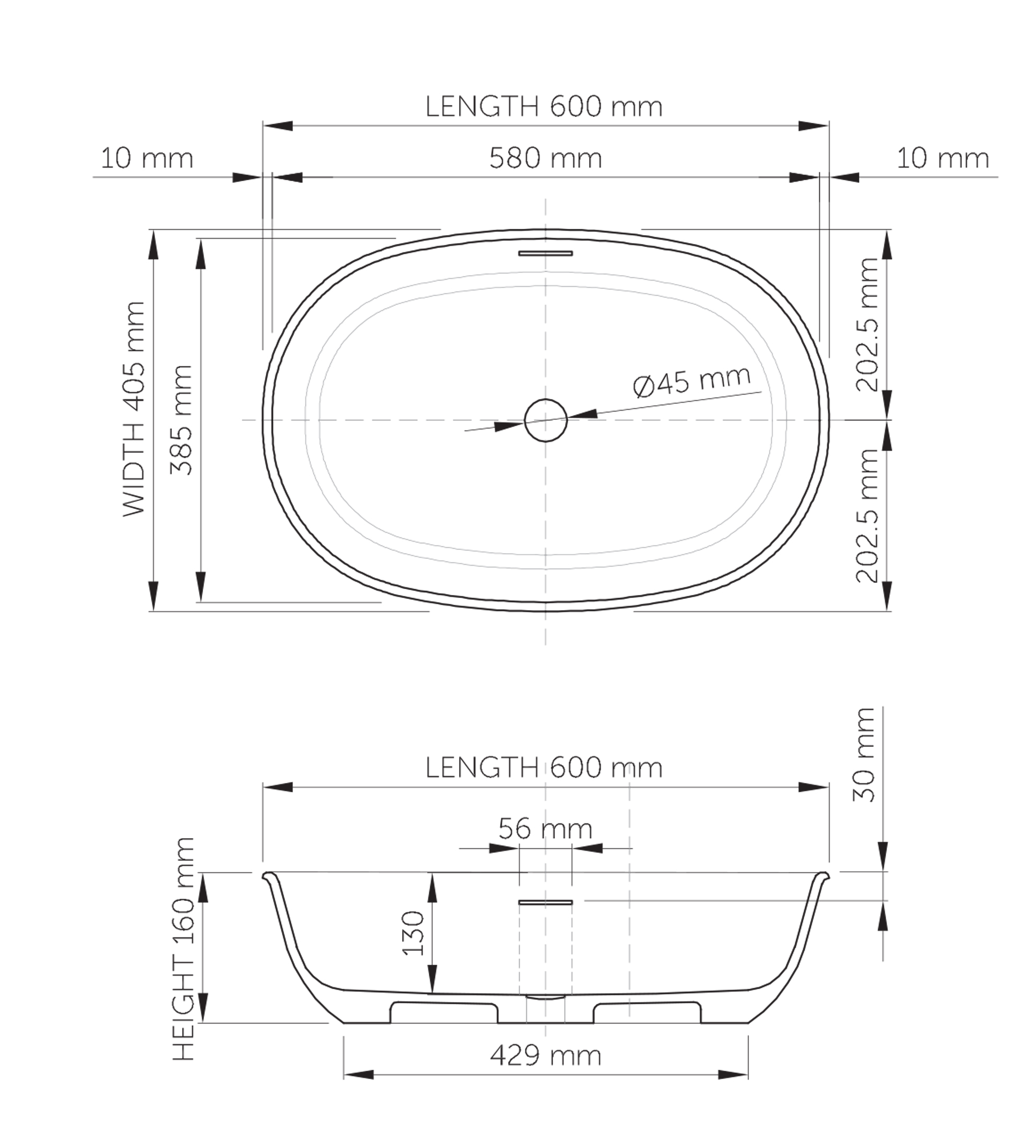 Dado Quartz Brooke 600mm Stone Above Counter Basin, Satin White