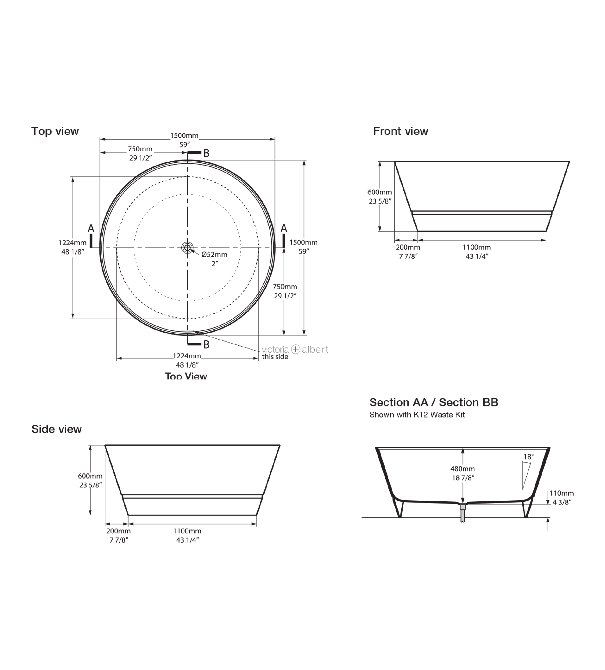 Victoria & Albert Taizu 1500mm Stone Freestanding Bath, Gloss White