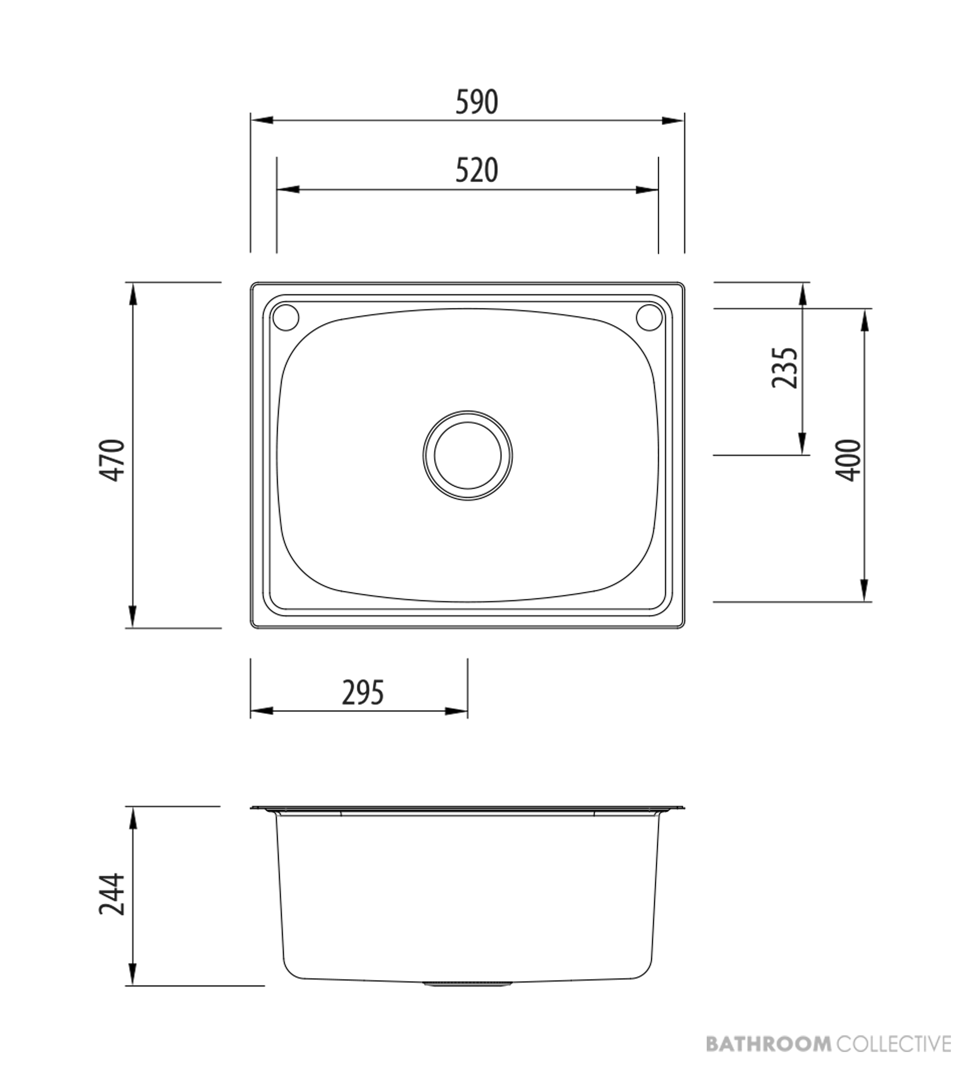 Oliveri Laundry Inset Single Bowl Sink 45 Litre Tub with Rinse Bypass 590mm, 0-2th, Stainless TI45S