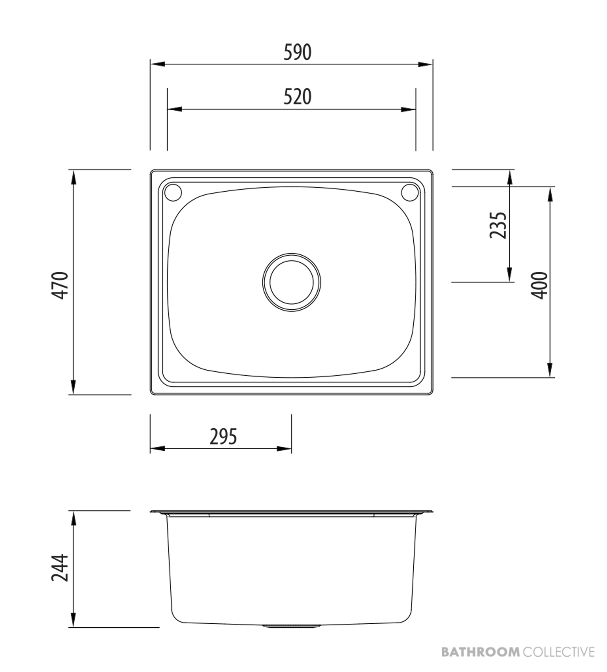 Oliveri Laundry Inset Single Bowl Sink 45 Litre Tub with Rinse Bypass & Overflow 590mm, 0-2th, Stainless TI45S