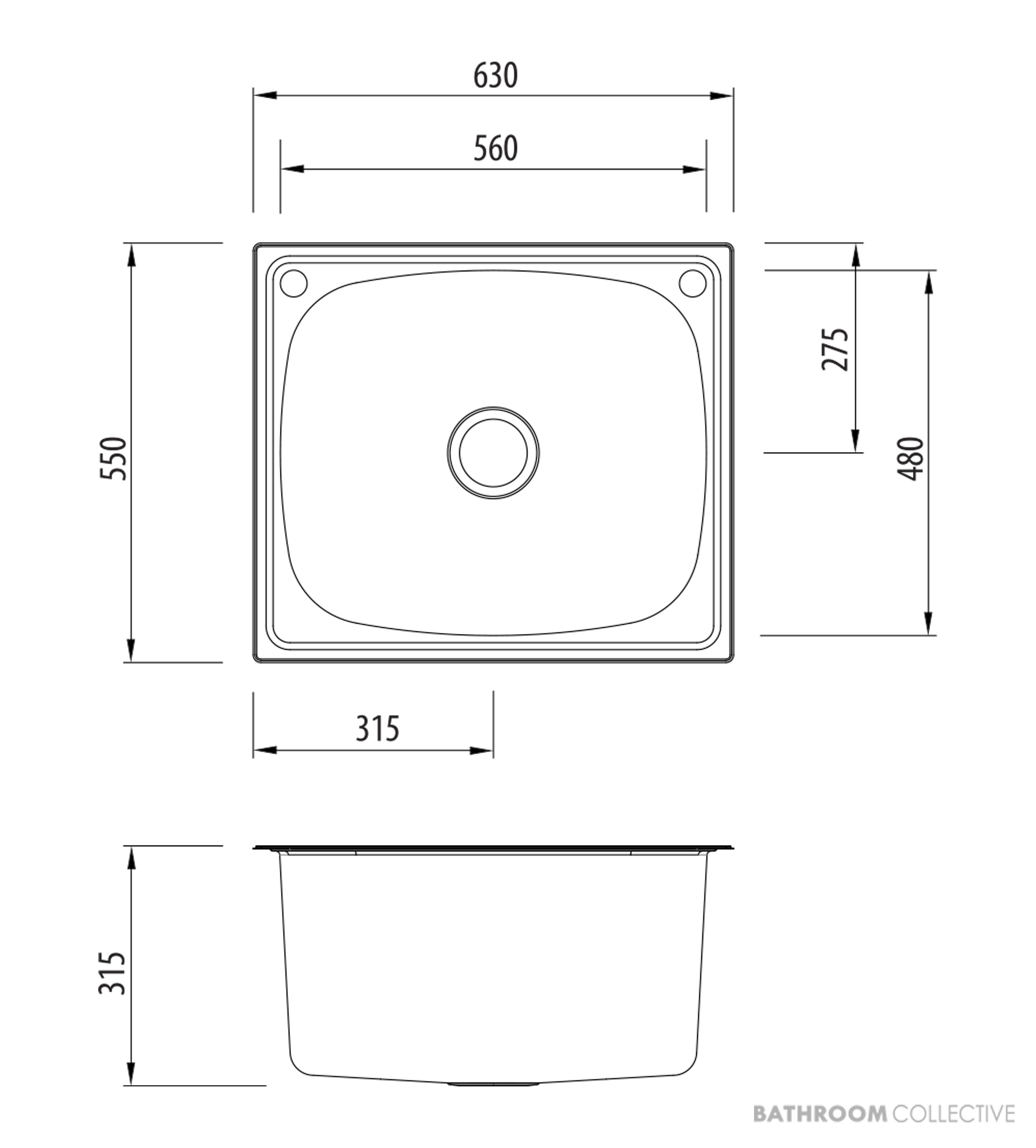 Oliveri Laundry Inset Single Bowl Sink 70 Litre Tub with Rinse Bypass 630mm, 0-2th, Stainless TI70S