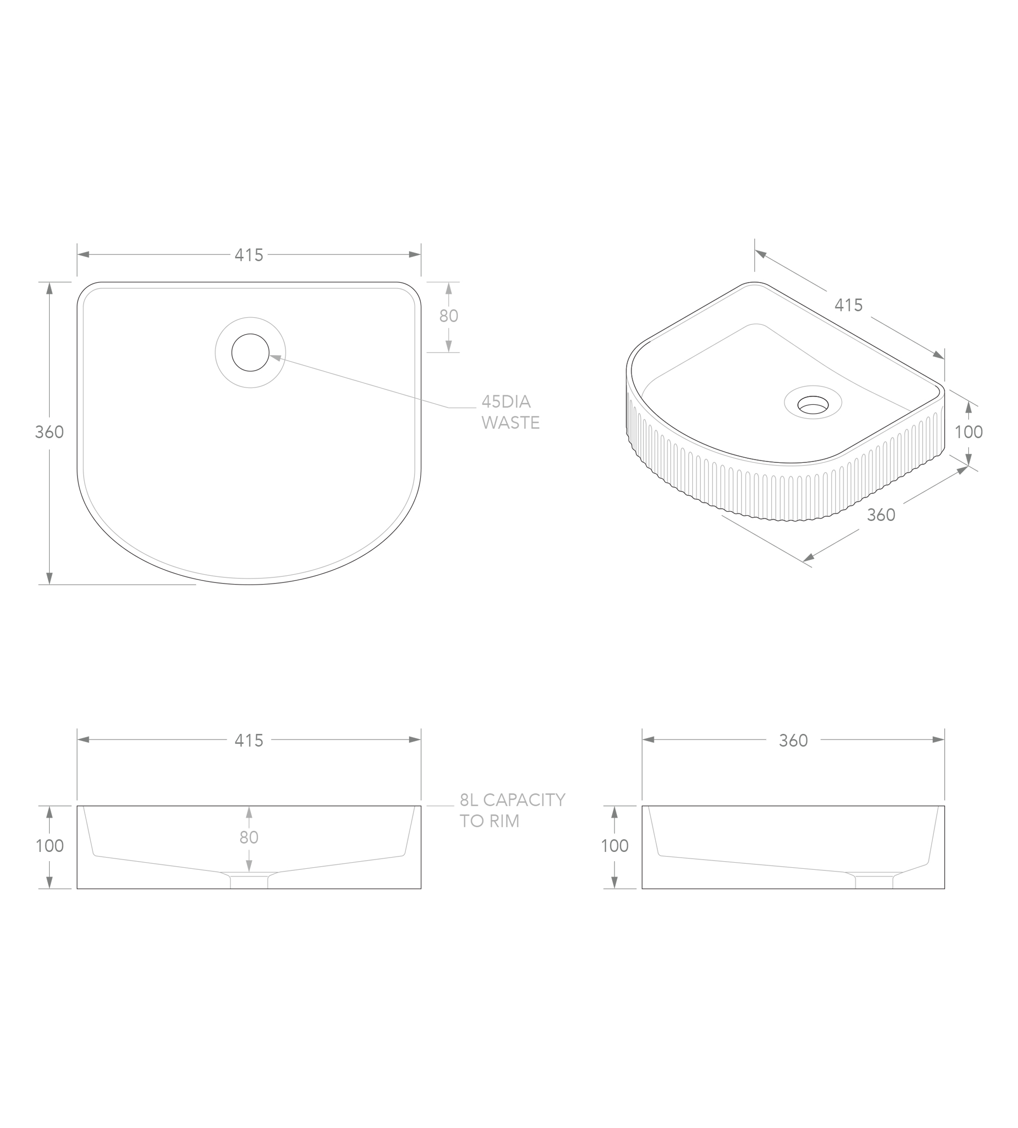 ADP Arch Fluted 415mm Ceramic Above Counter Basin, Gloss White