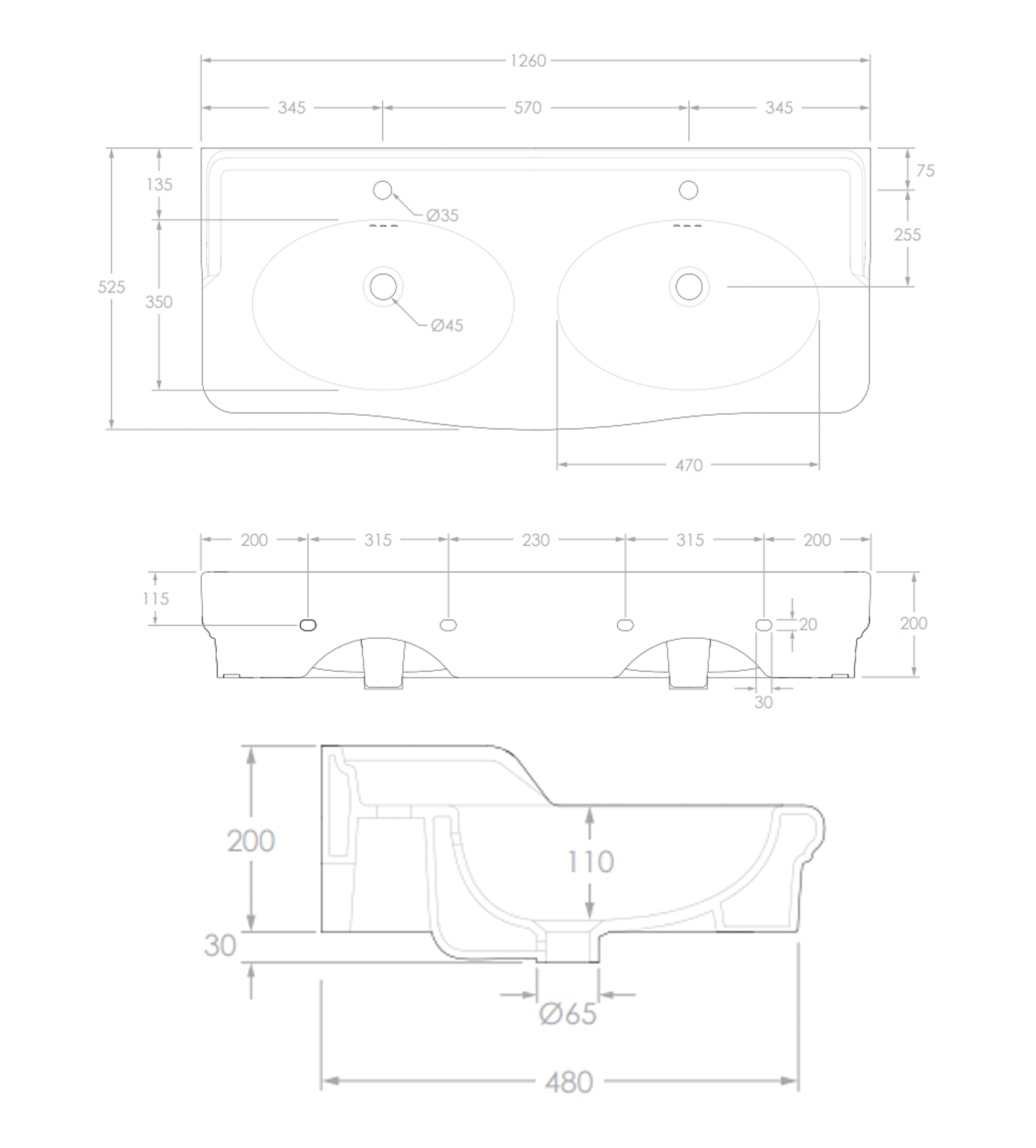 ADP Castellana 1260mm Ceramic Wall Mounted Double Basin, Gloss White