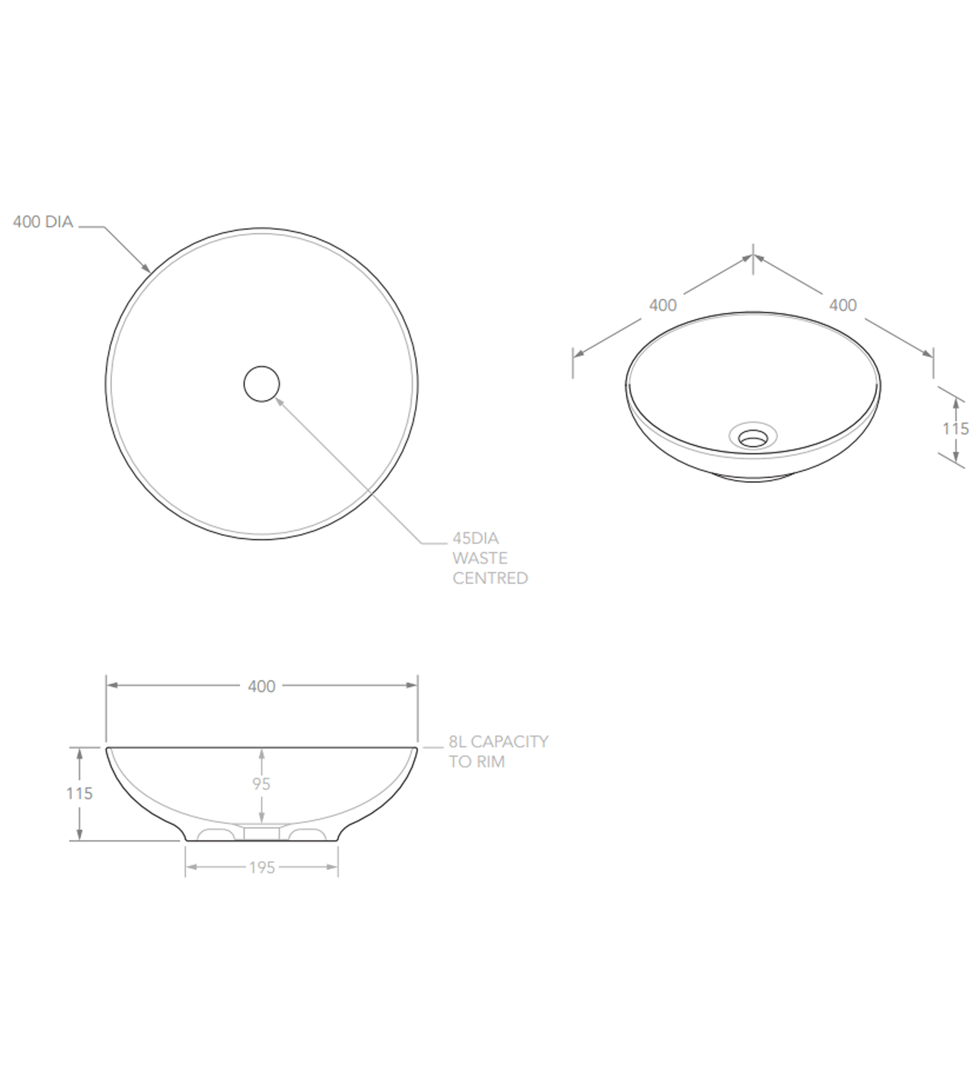 ADP Circuit 400mm Ceramic Above Counter Basin, Matte White